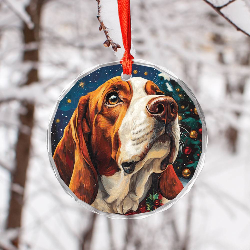 Beautiful Bassett Hound Dog Christmas Night Design 1 Glass Ornament
