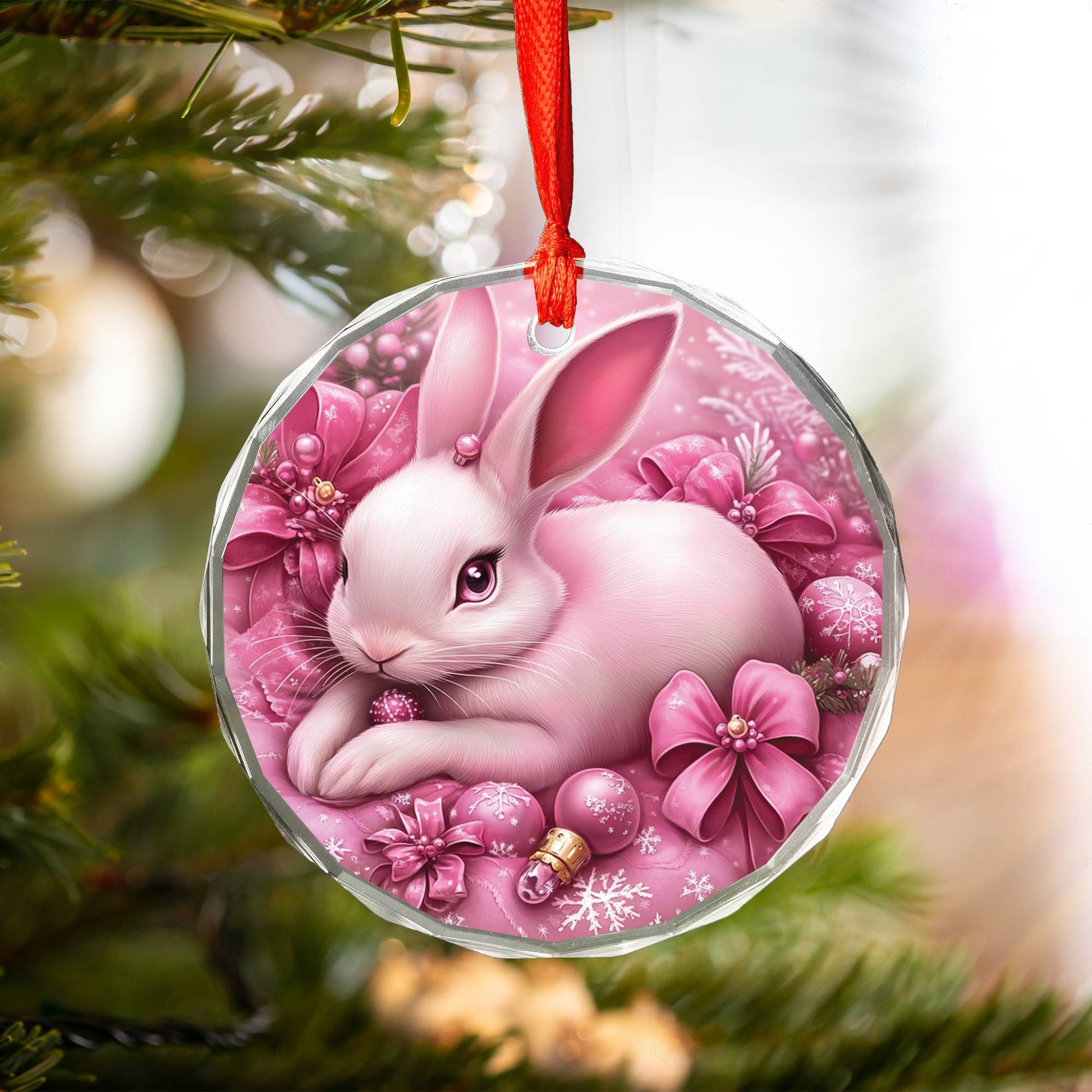 Rabbit Pink Christmas Design 3 Glass Ornament