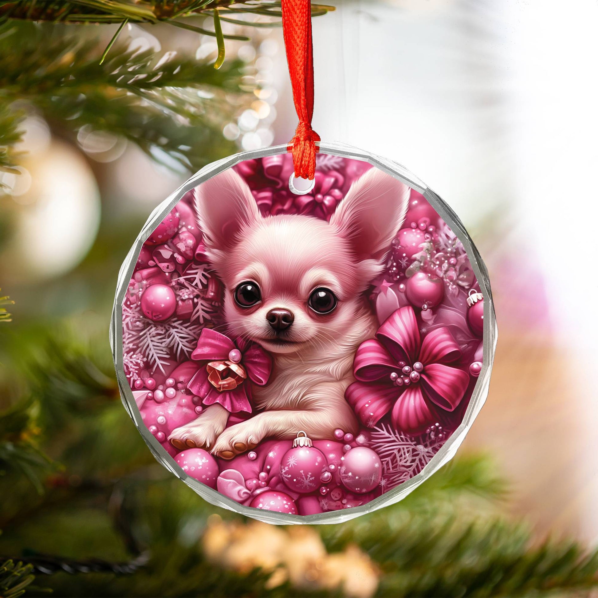 Chihuahua Dog Pink Christmas Design 4 Glass Ornament
