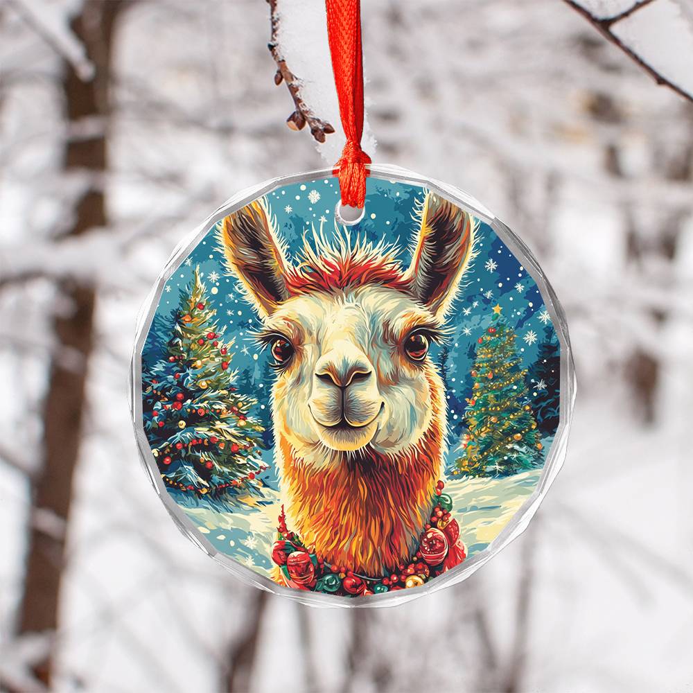 Beautiful Llama Christmas Night Design 1 Glass Ornament