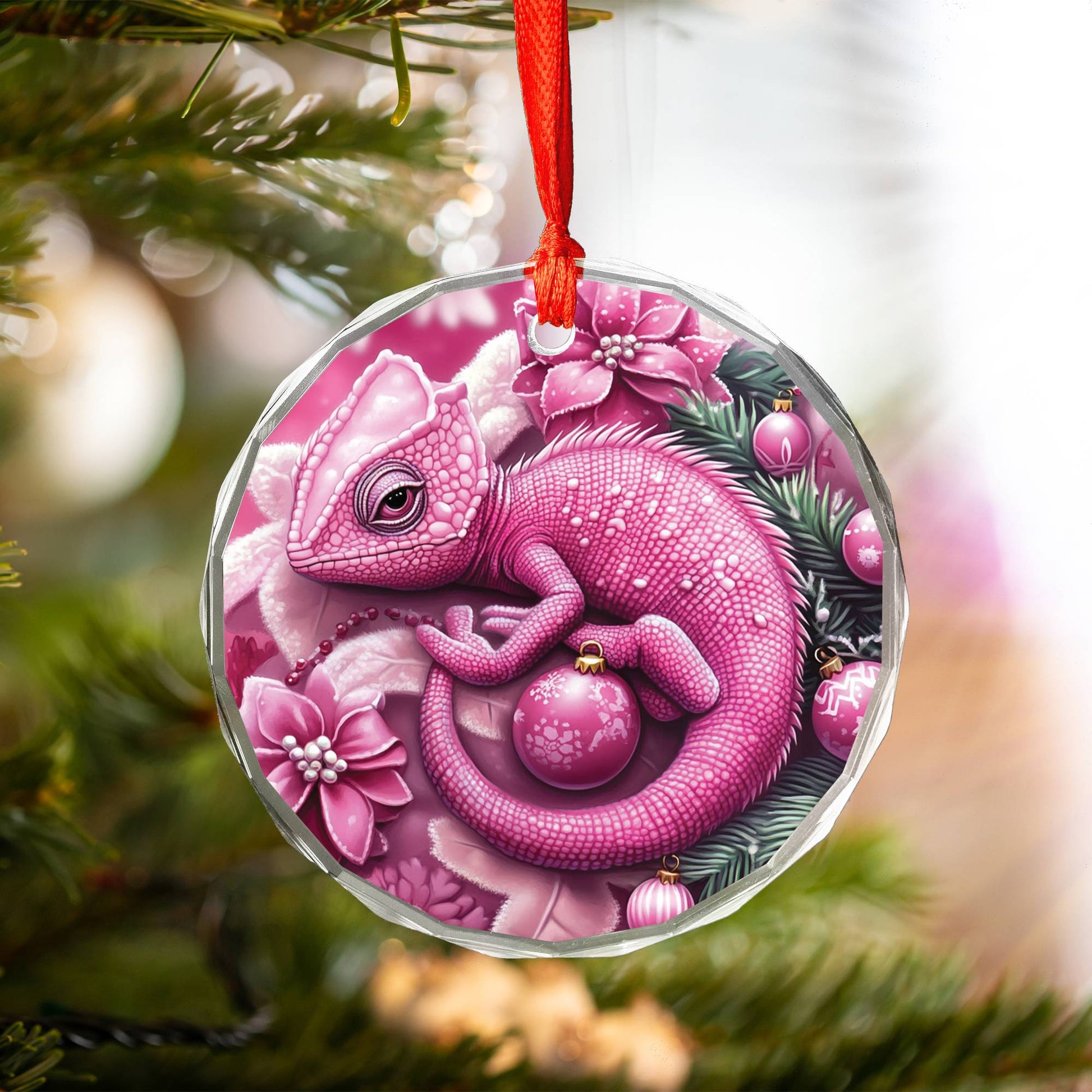 Chameleon Pink Christmas Design 2 Glass Ornament