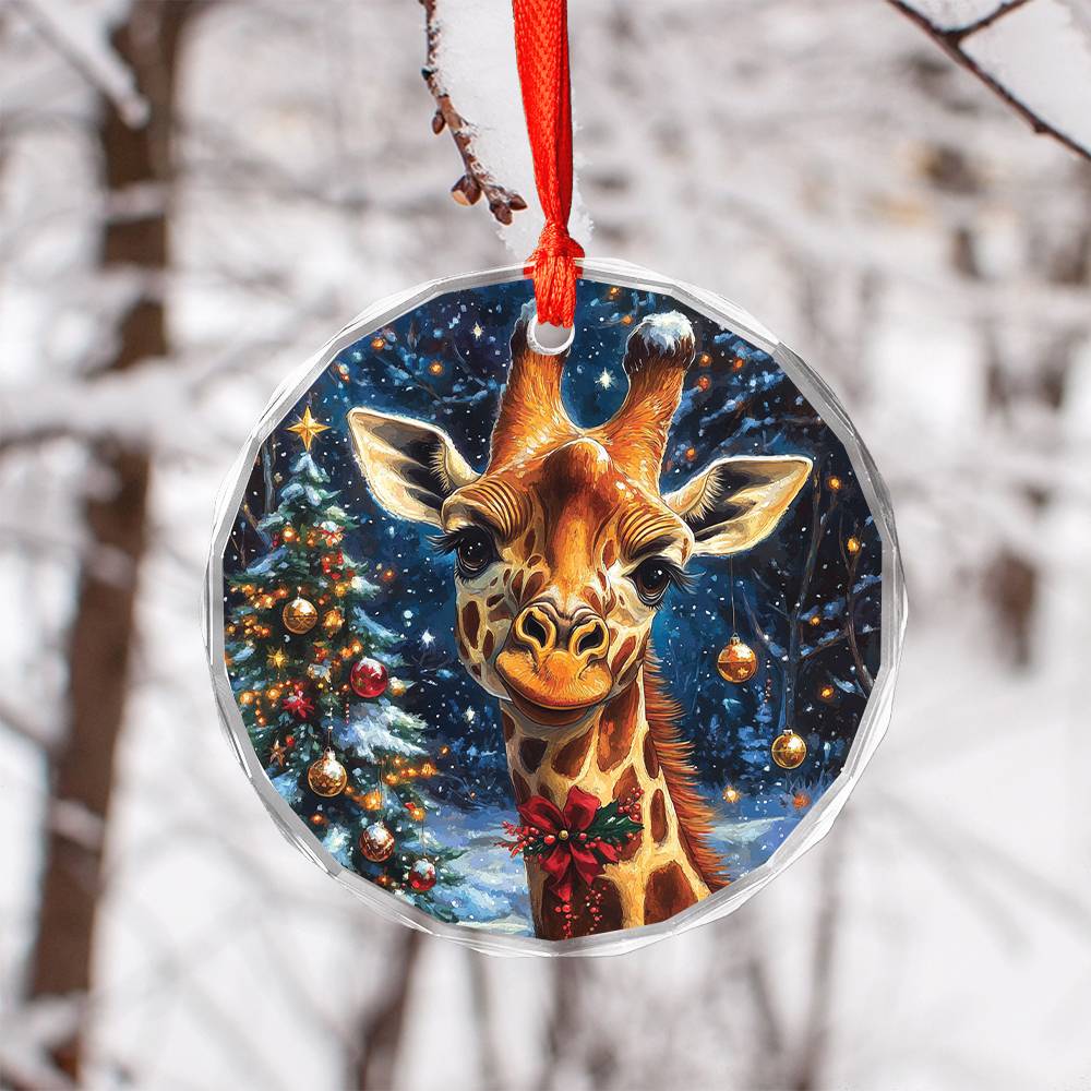 Beautiful Giraffe Christmas Night Design 4 Glass Ornament