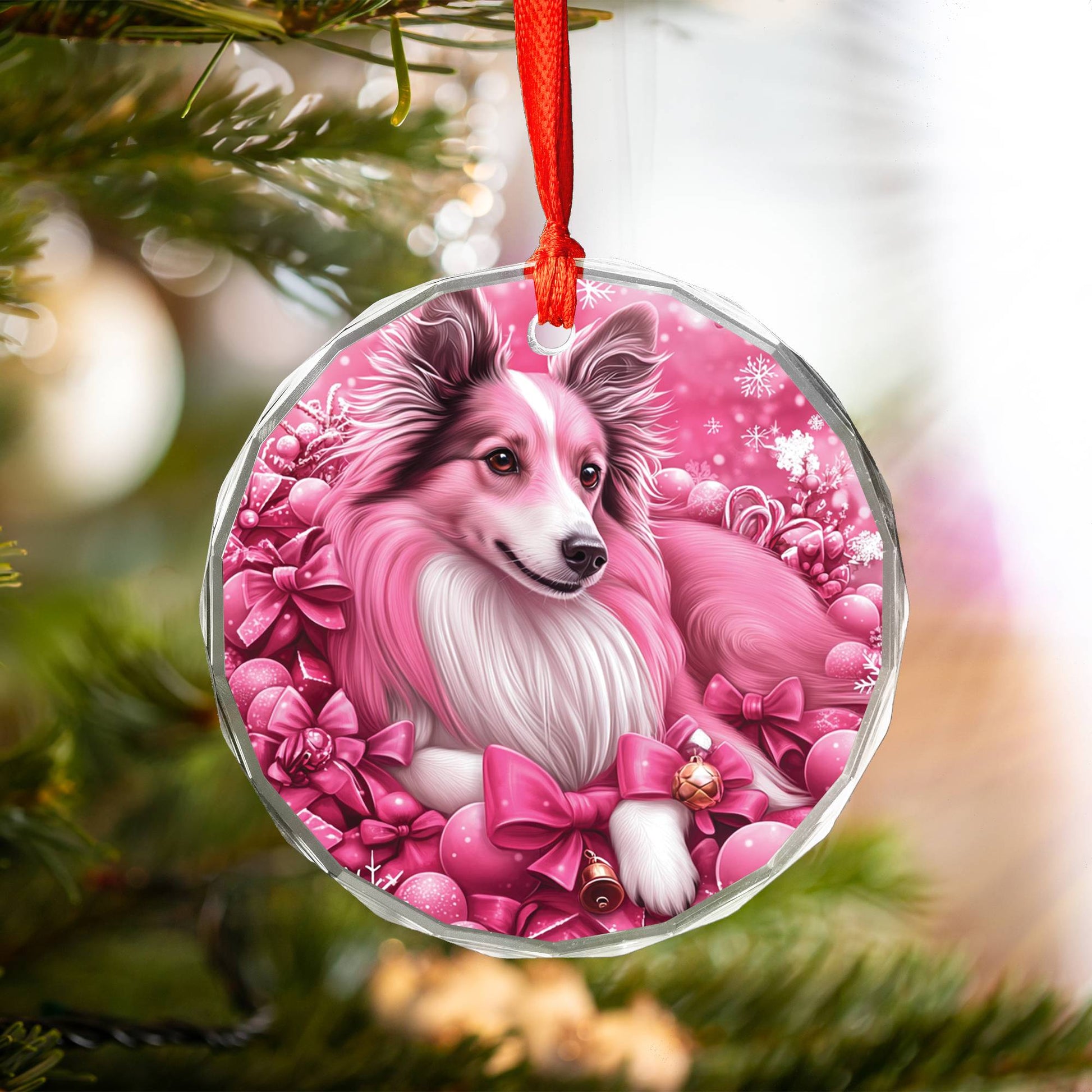Collie Dog Pink Christmas Design 2 Glass Ornament