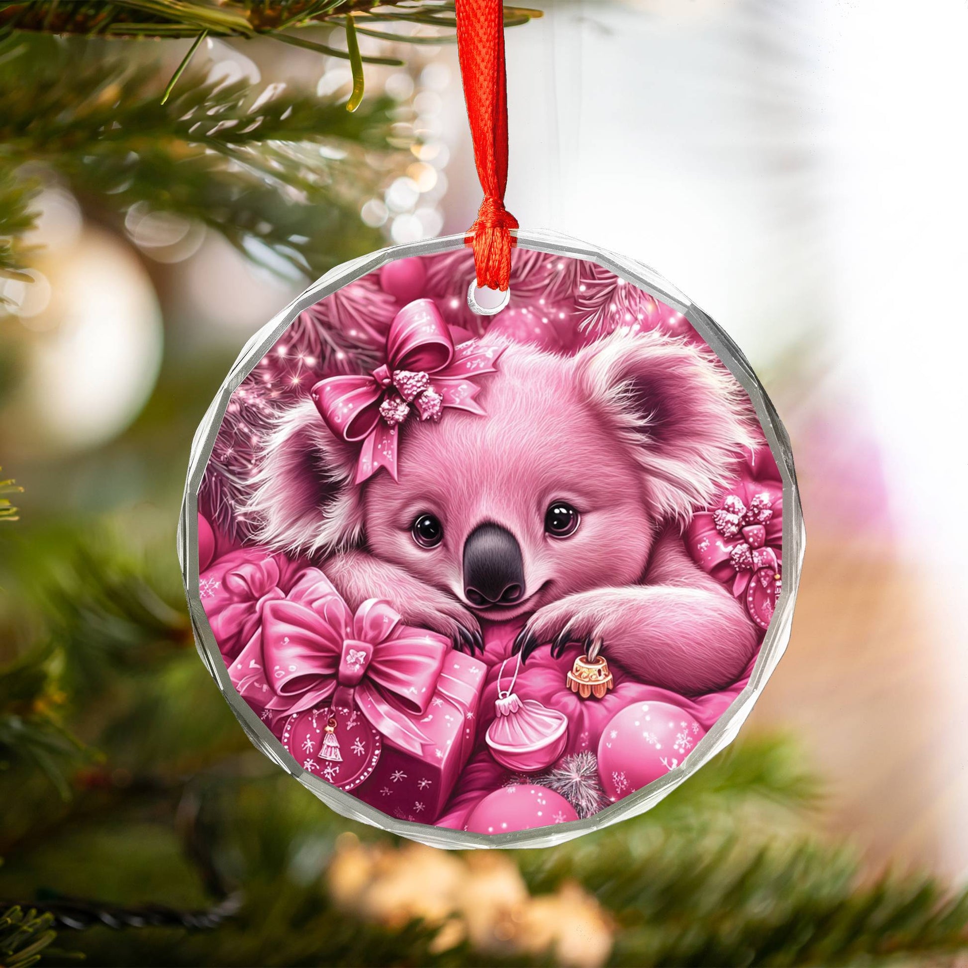 Koala Pink Christmas Design 1 Glass Ornament