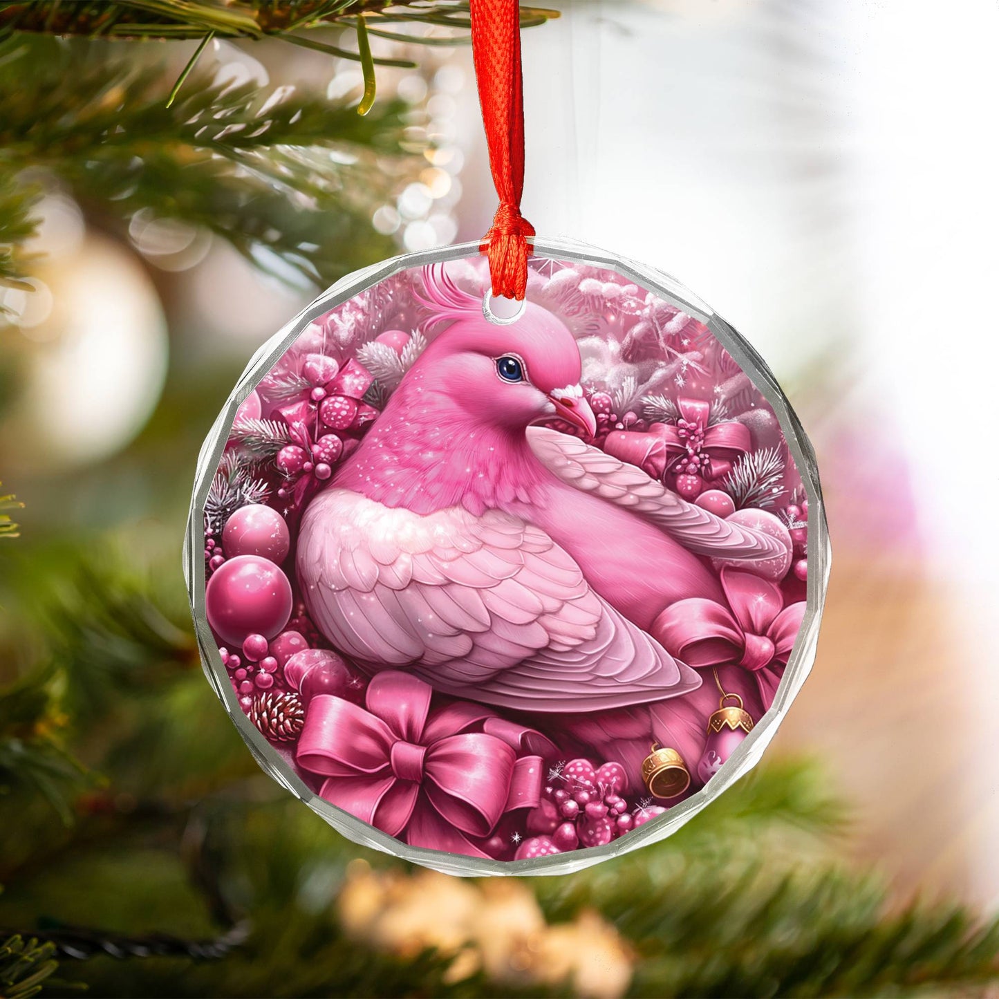 Pigeon Pink Christmas Design 3 Glass Ornament