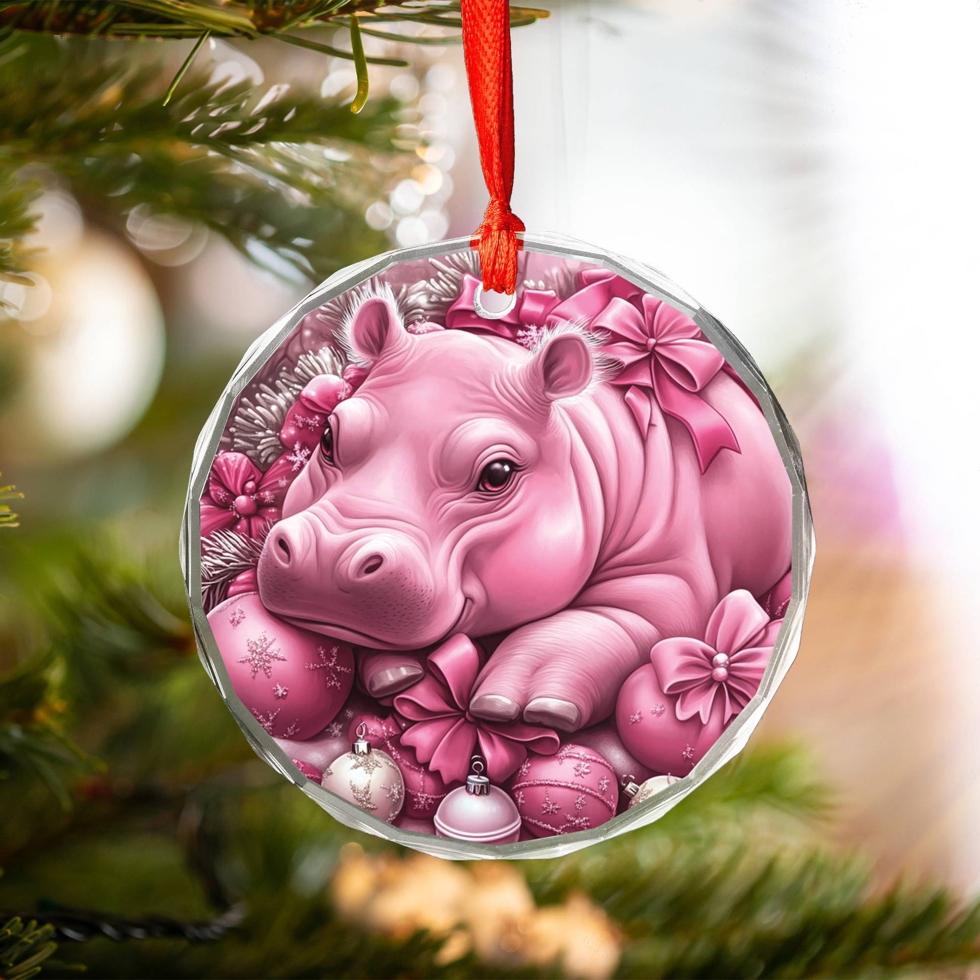 Hippo Pink Christmas Design 1 Glass Ornament