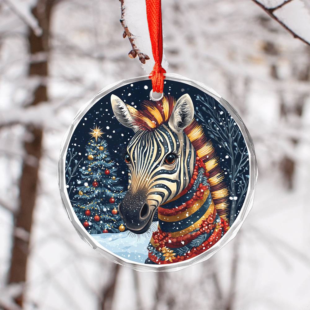 Beautiful Zebra Christmas Night Design 2 Glass Ornament