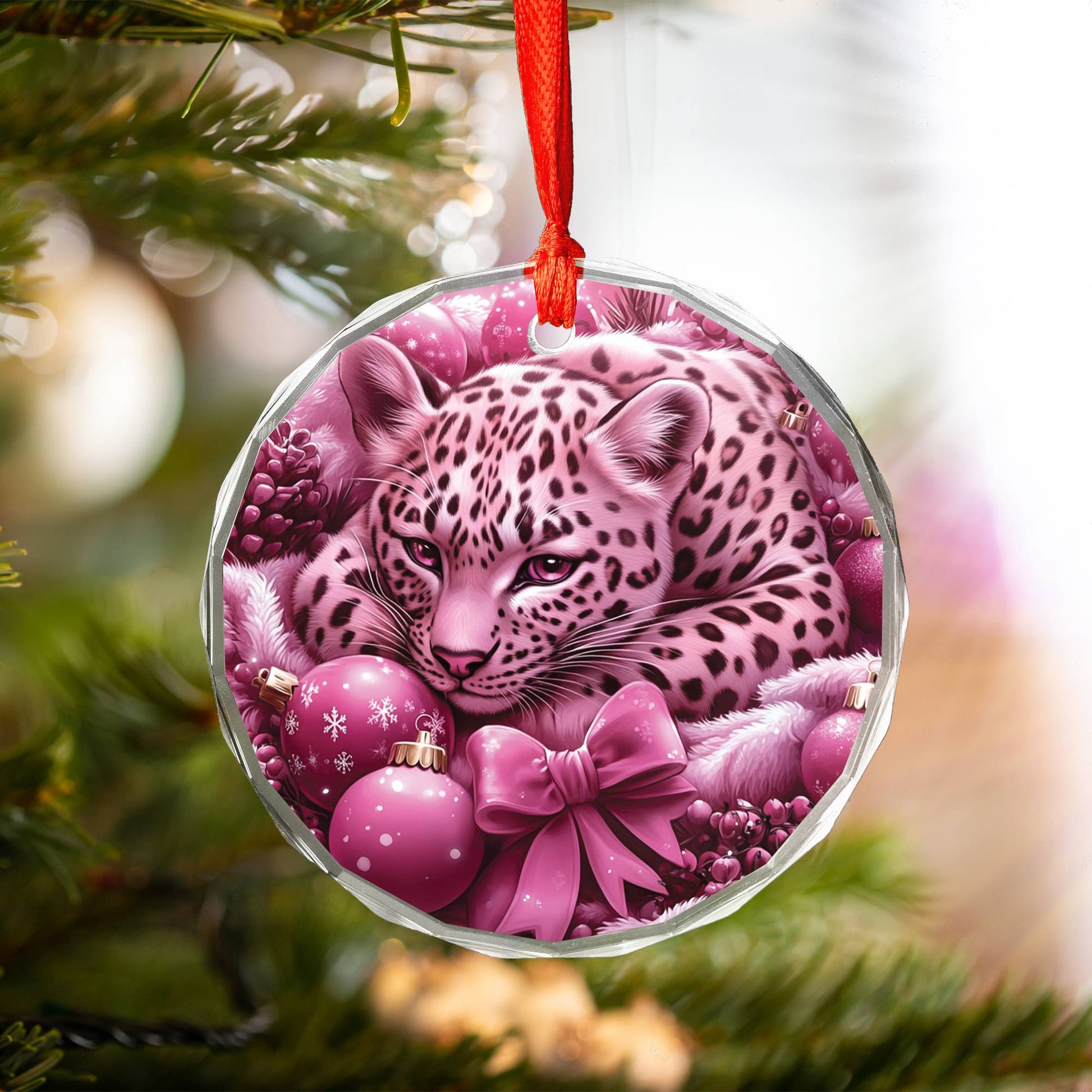 Leopard Pink Christmas Design 1 Glass Ornament