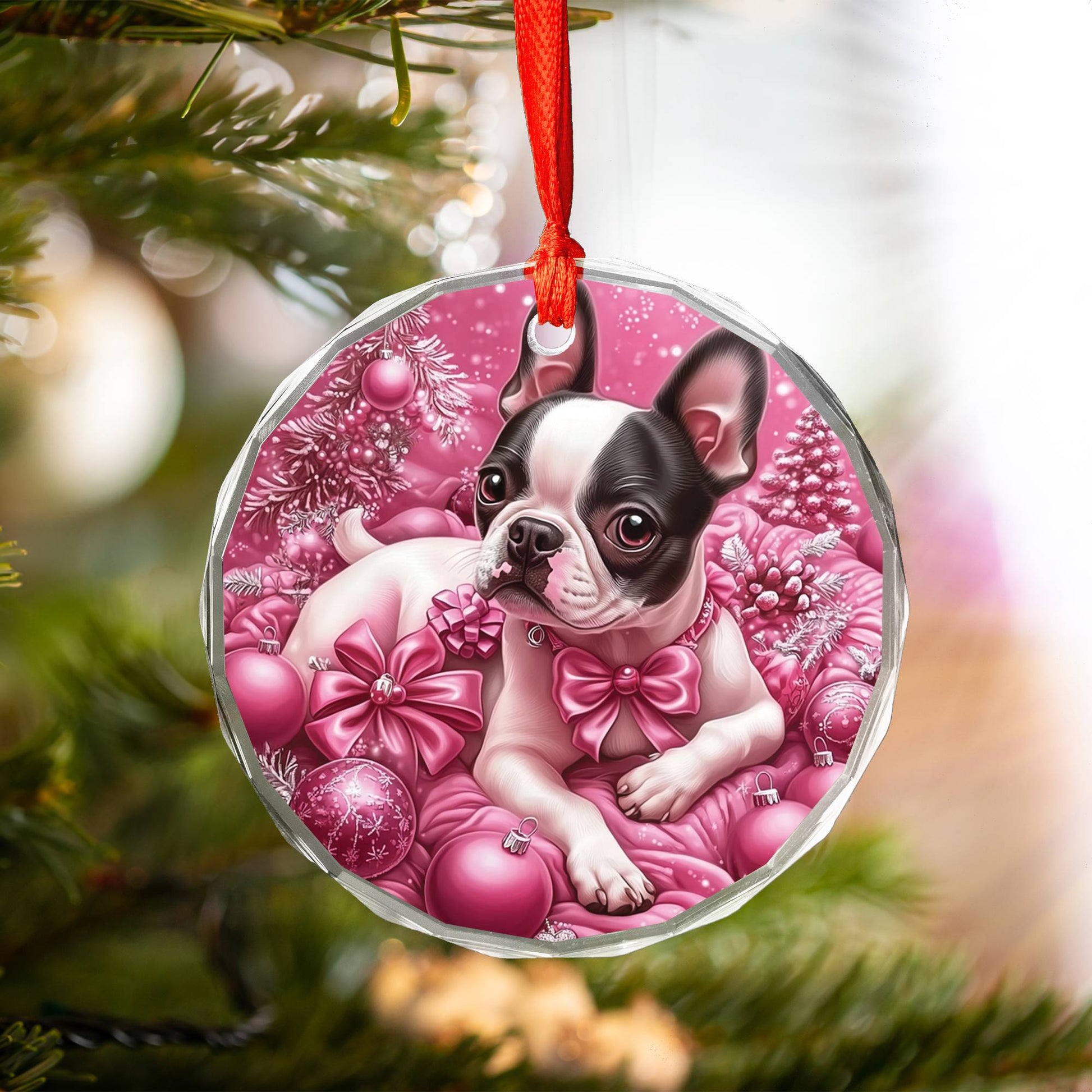 Boston Terrier Dog Pink Christmas Design 1 Glass Ornament