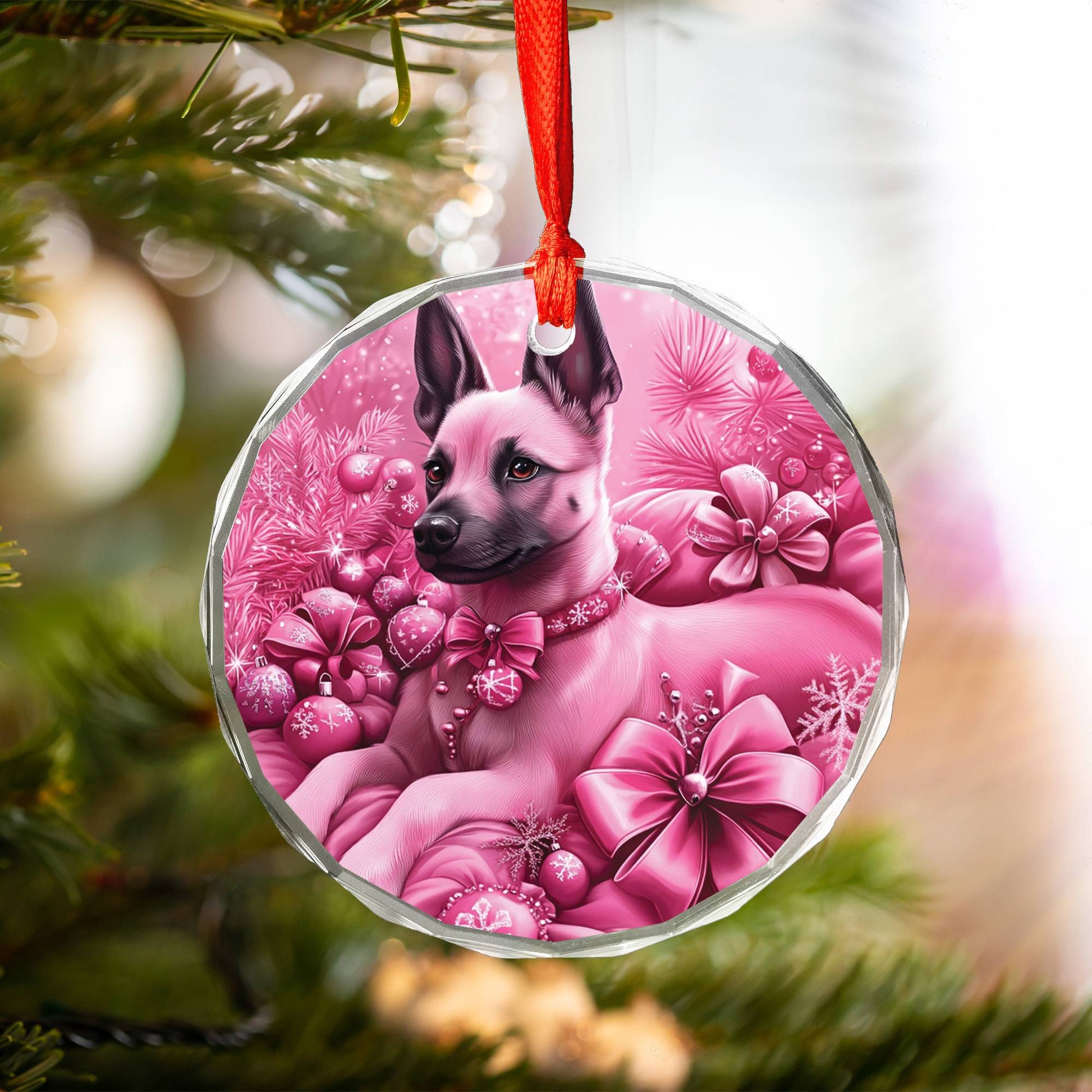 Belgian Malinoi Dog Pink Christmas Design 1 Glass Ornament
