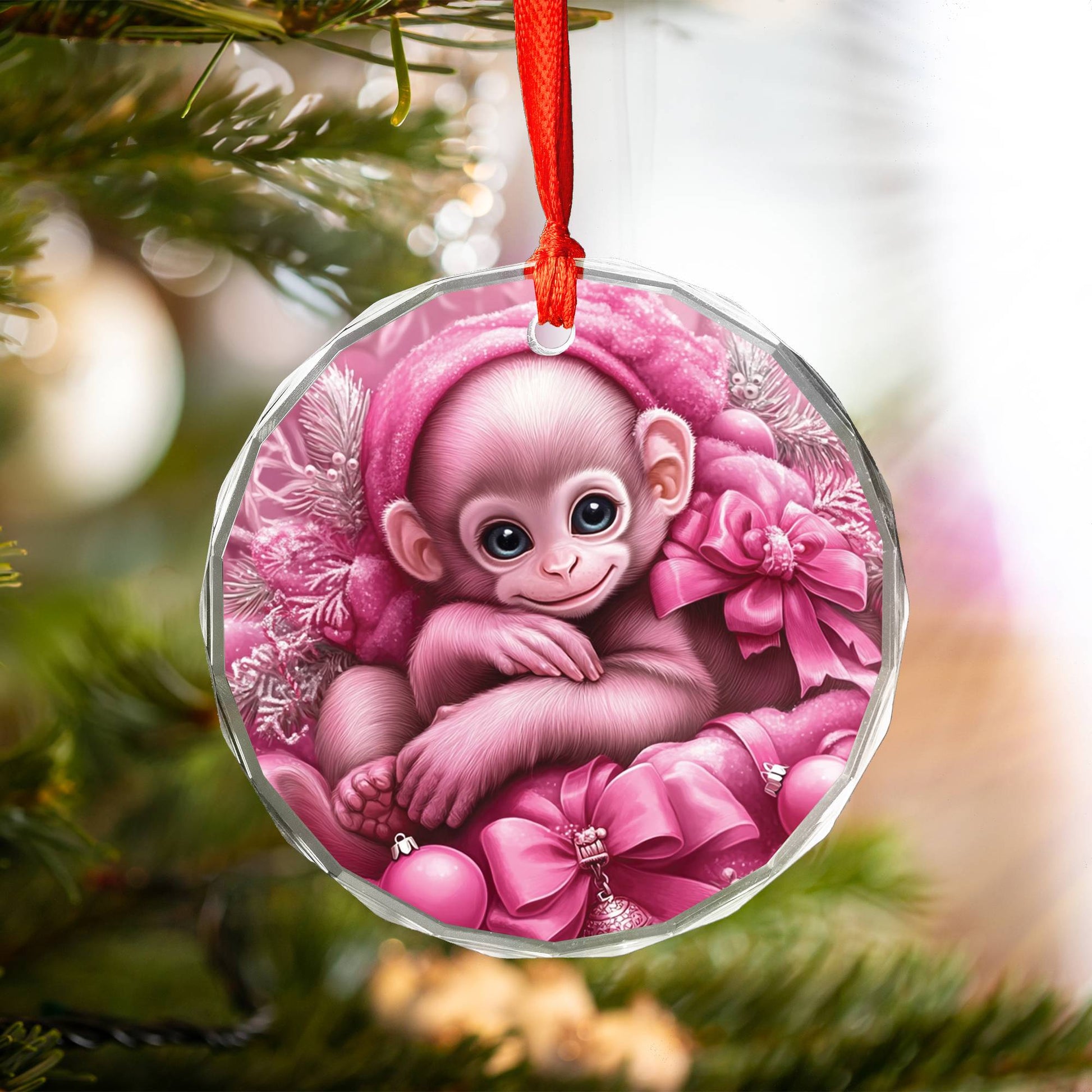 Monkey Pink Christmas Design 2 Glass Ornament