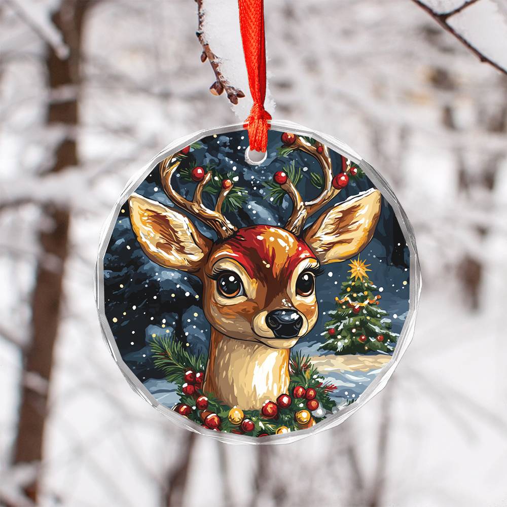 Beautiful Angus Deer Christmas Night Design 1 Glass Ornament