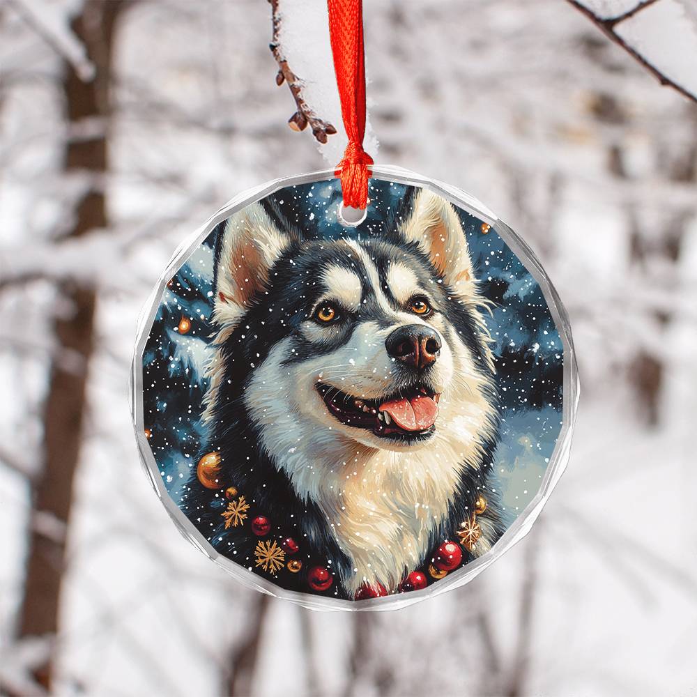 Beautiful Angus Huskie Dog Christmas Night Design 4 Glass Ornament
