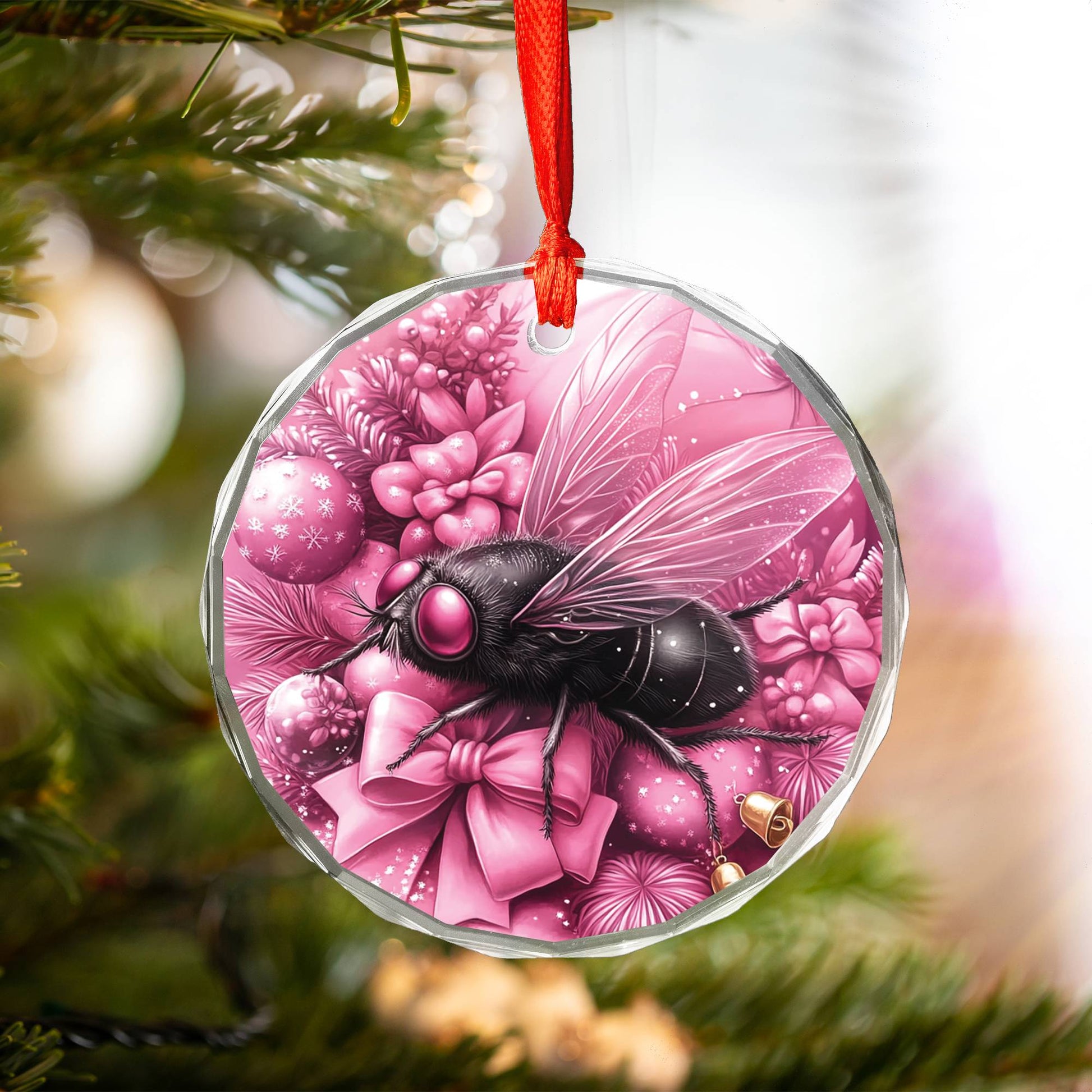 Fly Pink Christmas Design 1 Glass Ornament