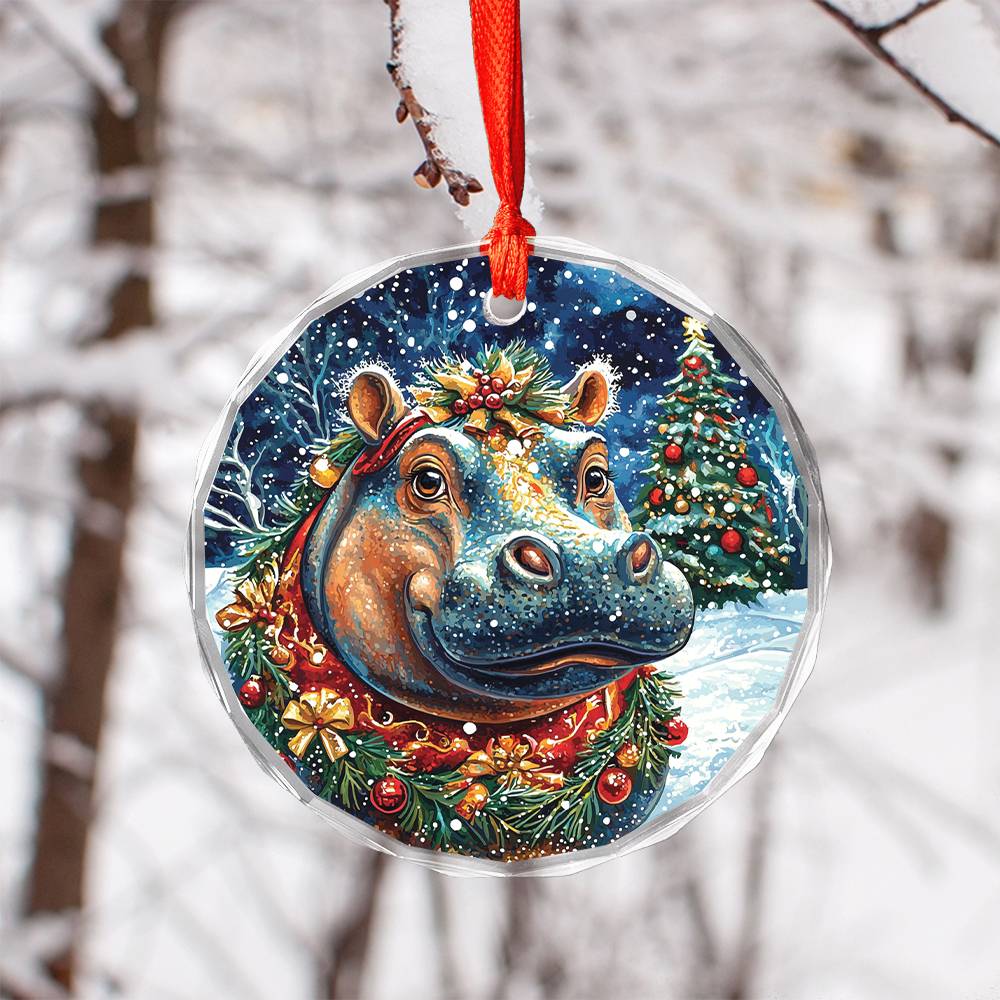Beautiful Hippo Christmas Night Design 4 Glass Ornament