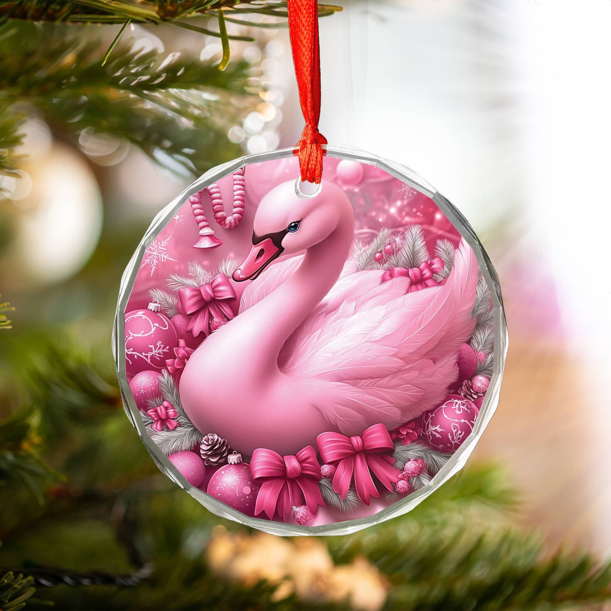 Swan Pink Christmas Design 3 Glass Ornament