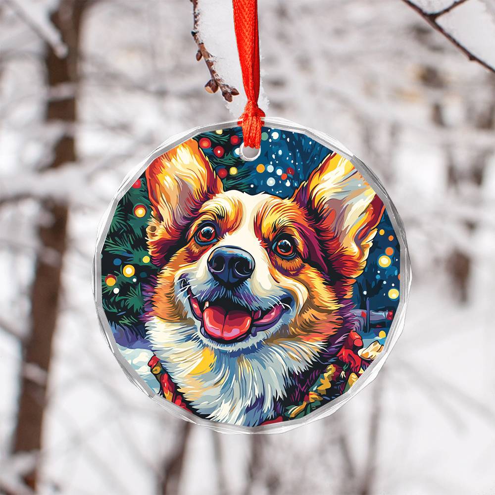 Beautiful Angus Corgi Dog Christmas Night Design 1 Glass Ornament