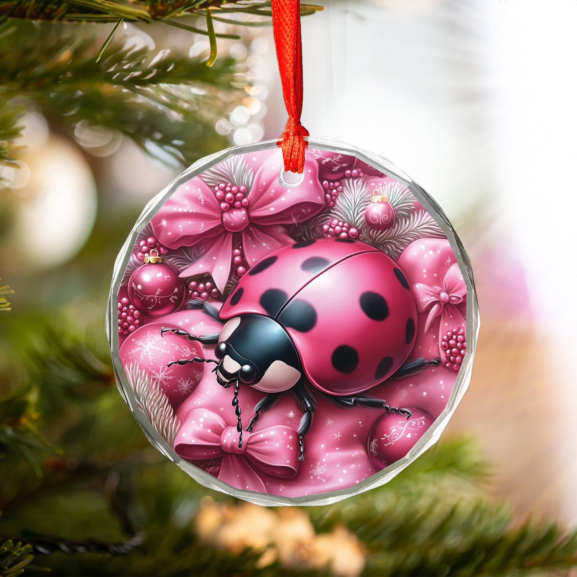 Ladybug Pink Christmas Design 2 Glass Ornament