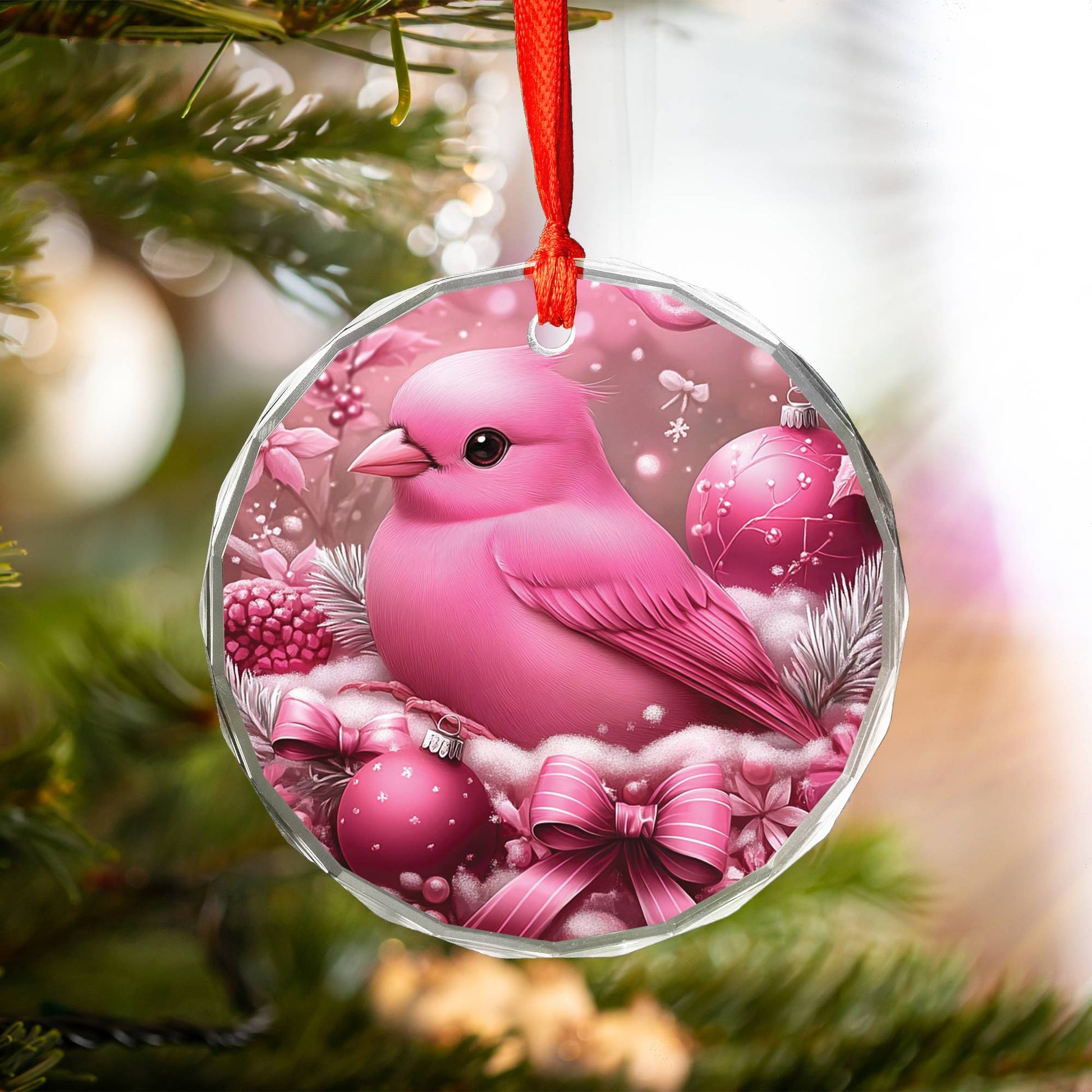 Finch Pink Christmas Design 2 Glass Ornament