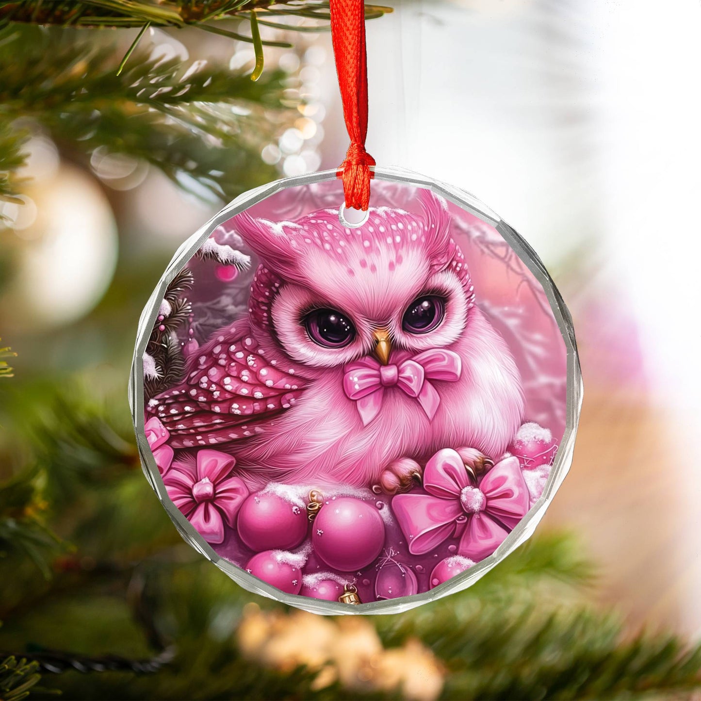 Owl Pink Christmas Design 2 Glass Ornament