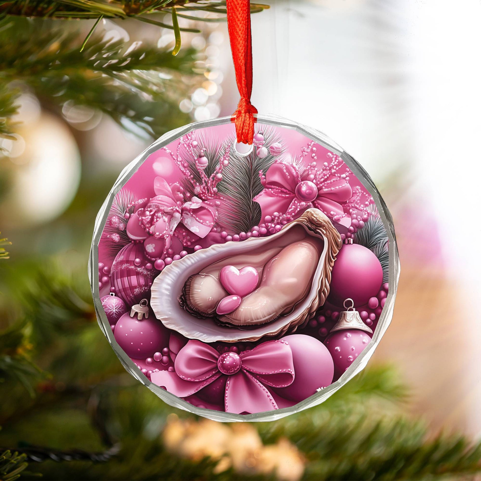 Oysters Pink Christmas Design 3 Glass Ornament