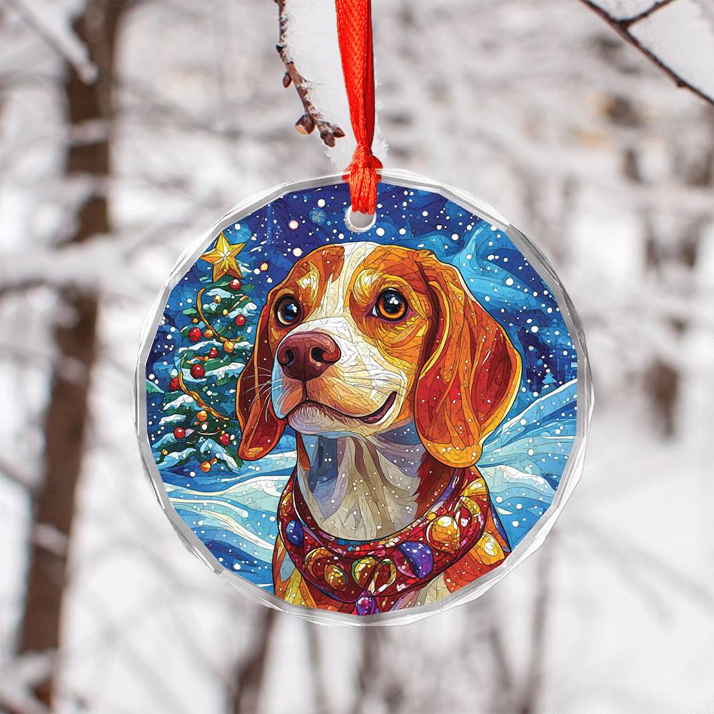 Beautiful Angus Beagle Dog Christmas Night Design 4 Glass Ornament