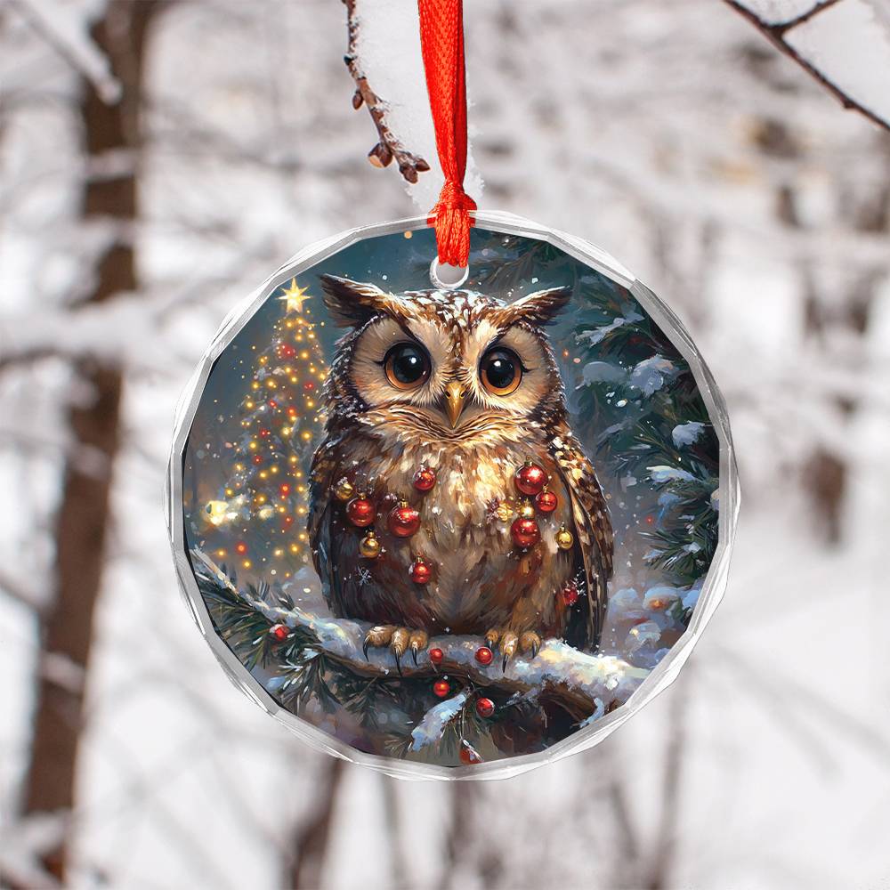 Beautiful Owl Christmas Night Design 4 Glass Ornament