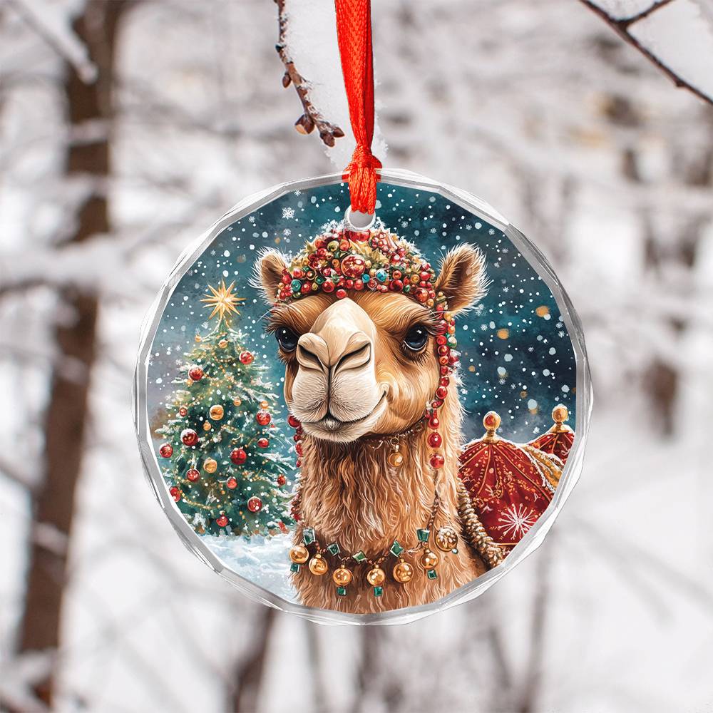 Beautiful Camel Christmas Night Design 3 Glass Ornament