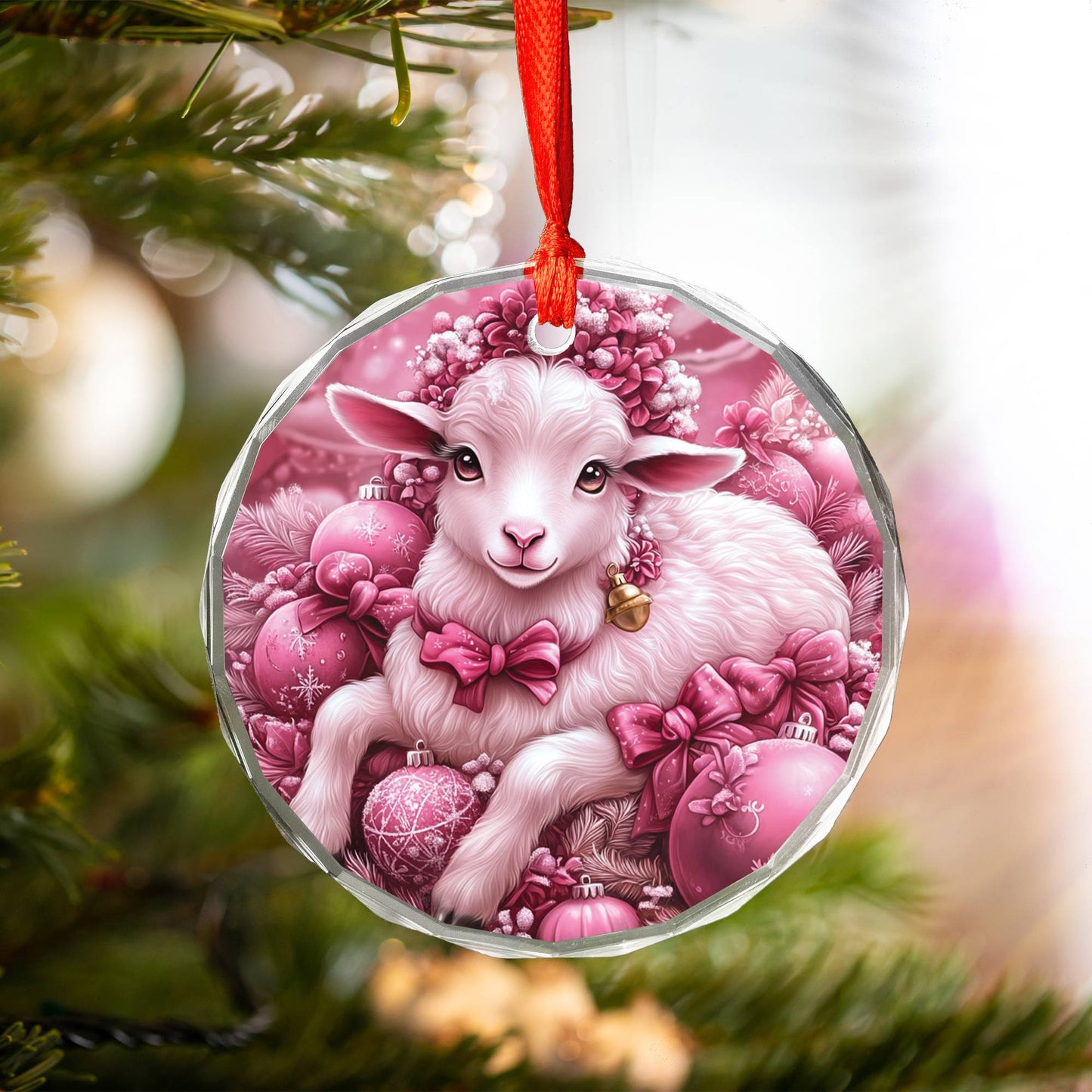 Sheep Pink Christmas Design 1 Glass Ornament