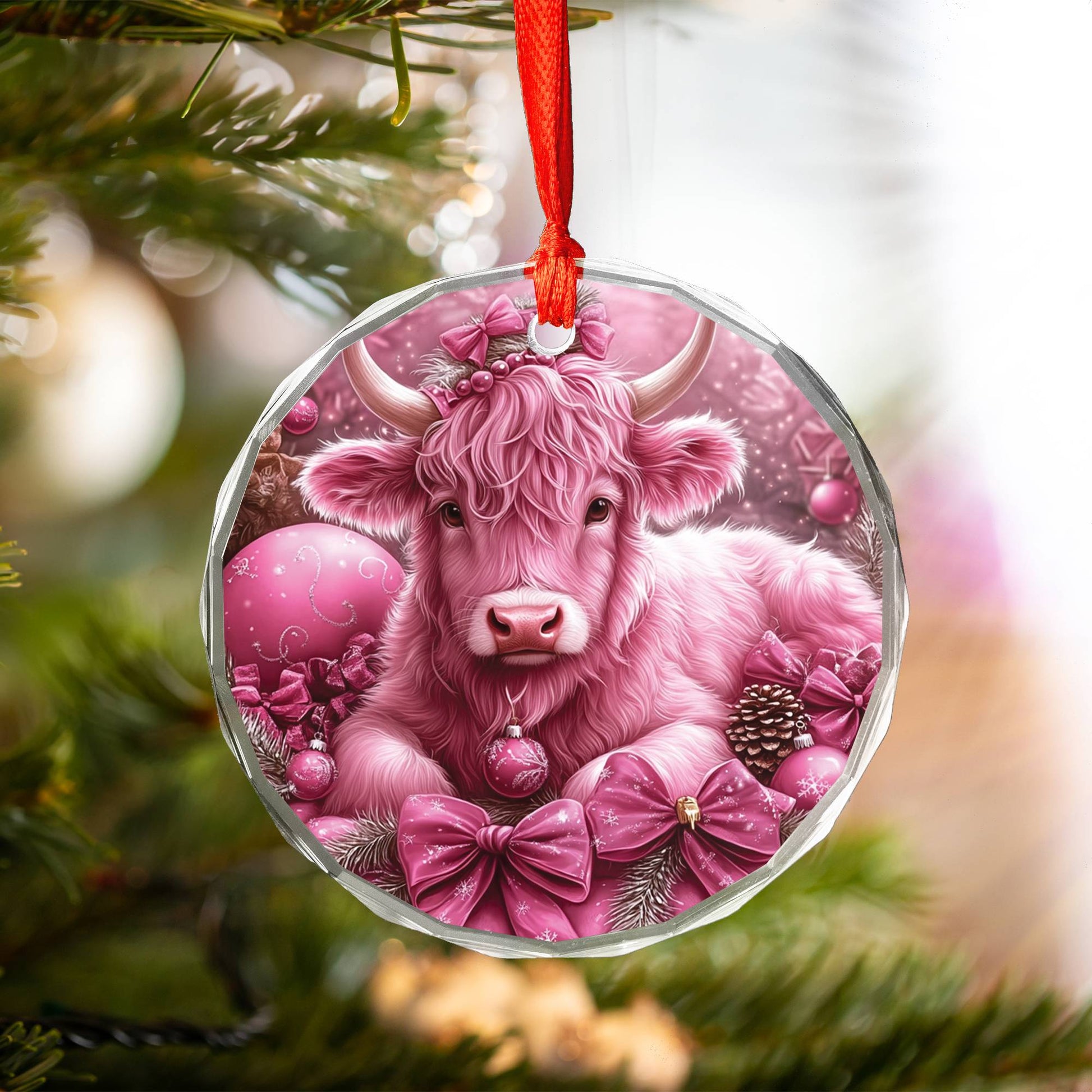 Highland Cow Pink Christmas Design 1 Glass Ornament