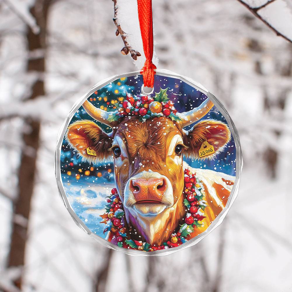 Beautiful Jersey Cow Christmas Night Design 3 Glass Ornament