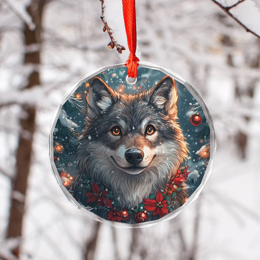 Beautiful Angus Wolf Christmas Night Design 1 Glass Ornament