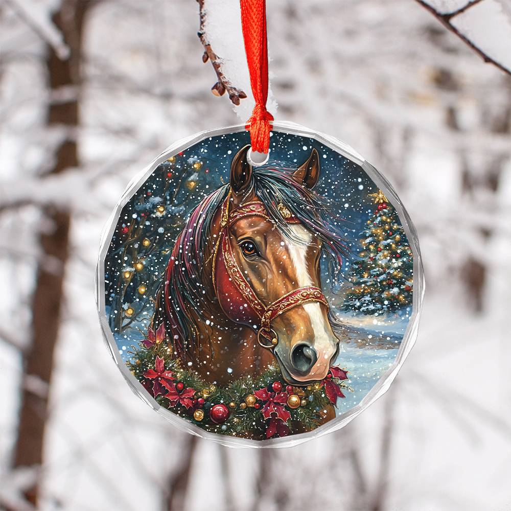 Beautiful Horse Christmas Night Design 3 Glass Ornament