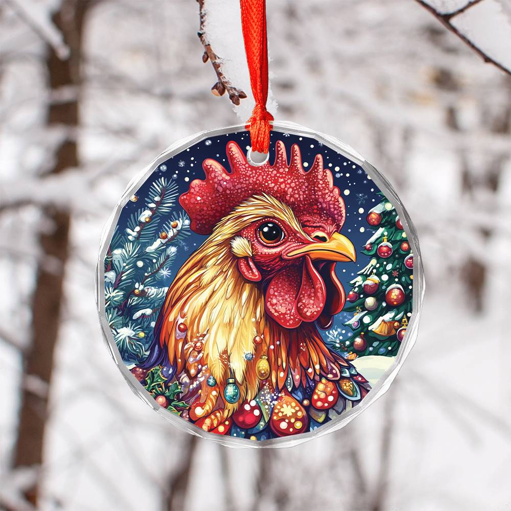 Beautiful Rooster Christmas Night Design 3 Glass Ornament