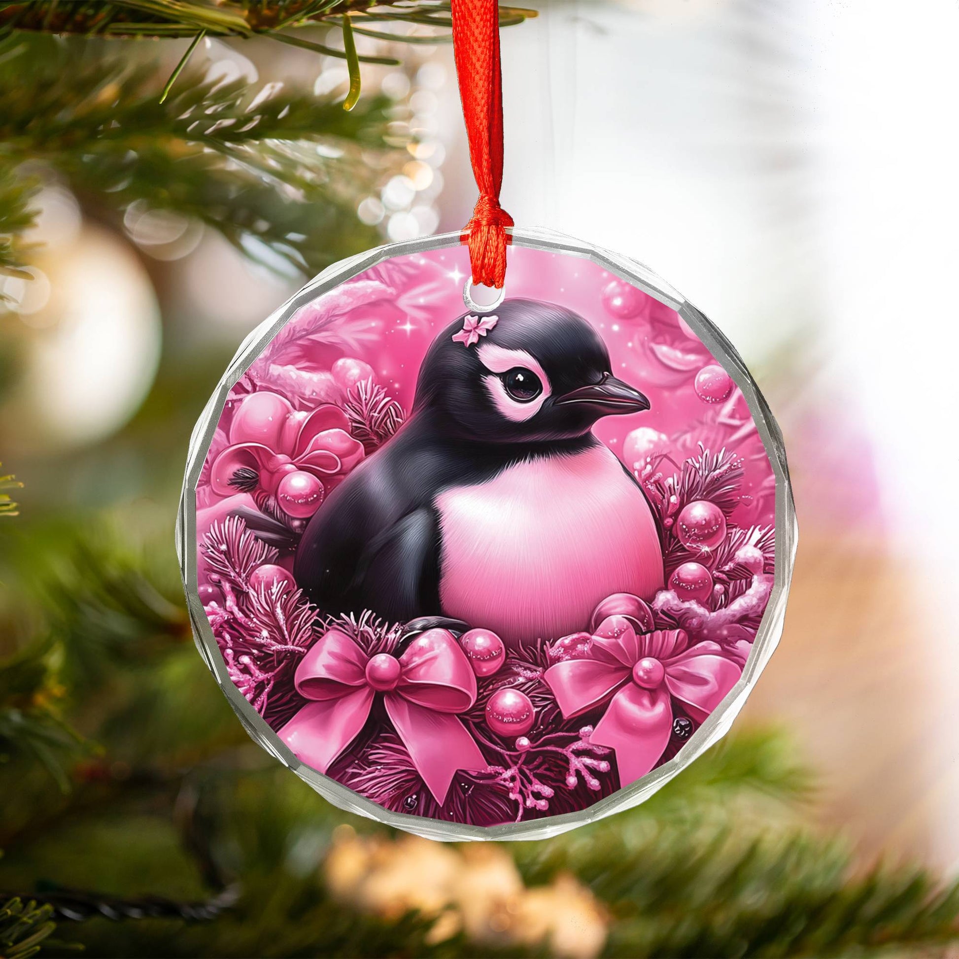 Penguin Pink Christmas Design 3 Glass Ornament