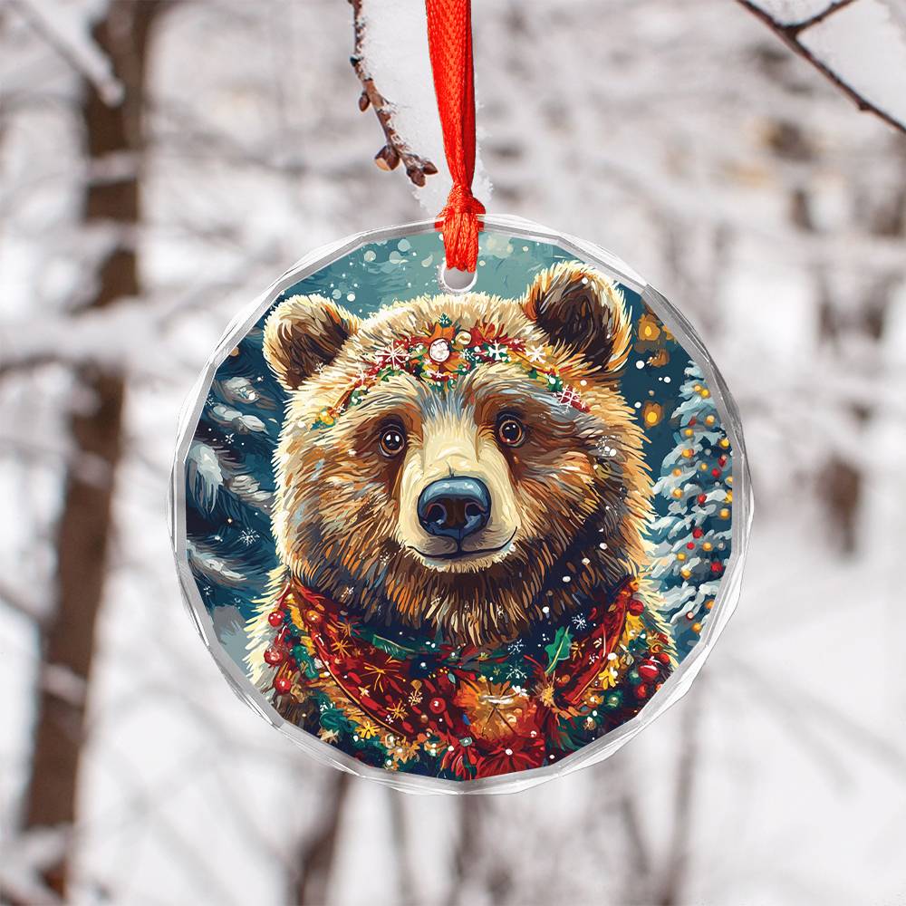 Beautiful Angus Grizzly Bear Christmas Night Design 2 Glass Ornament
