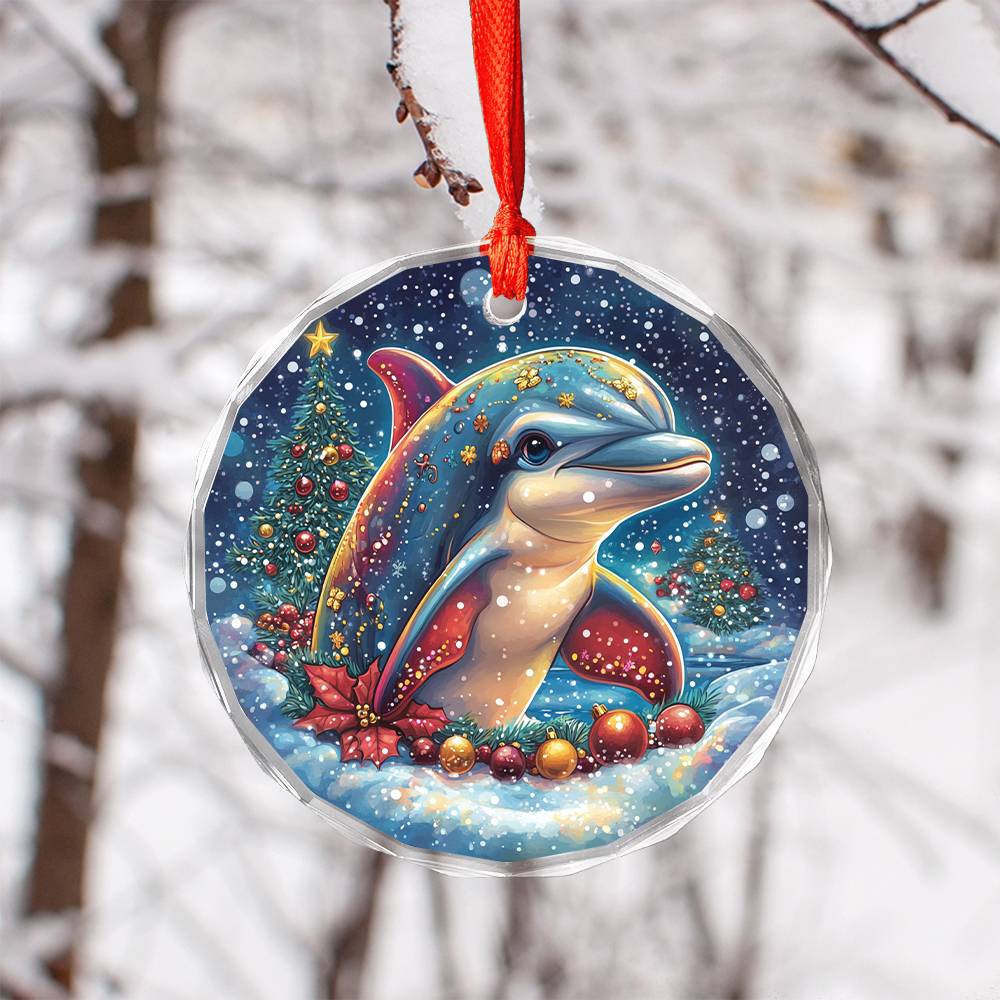 Beautiful Angus Dolphin Christmas Night Design 2 Glass Ornament