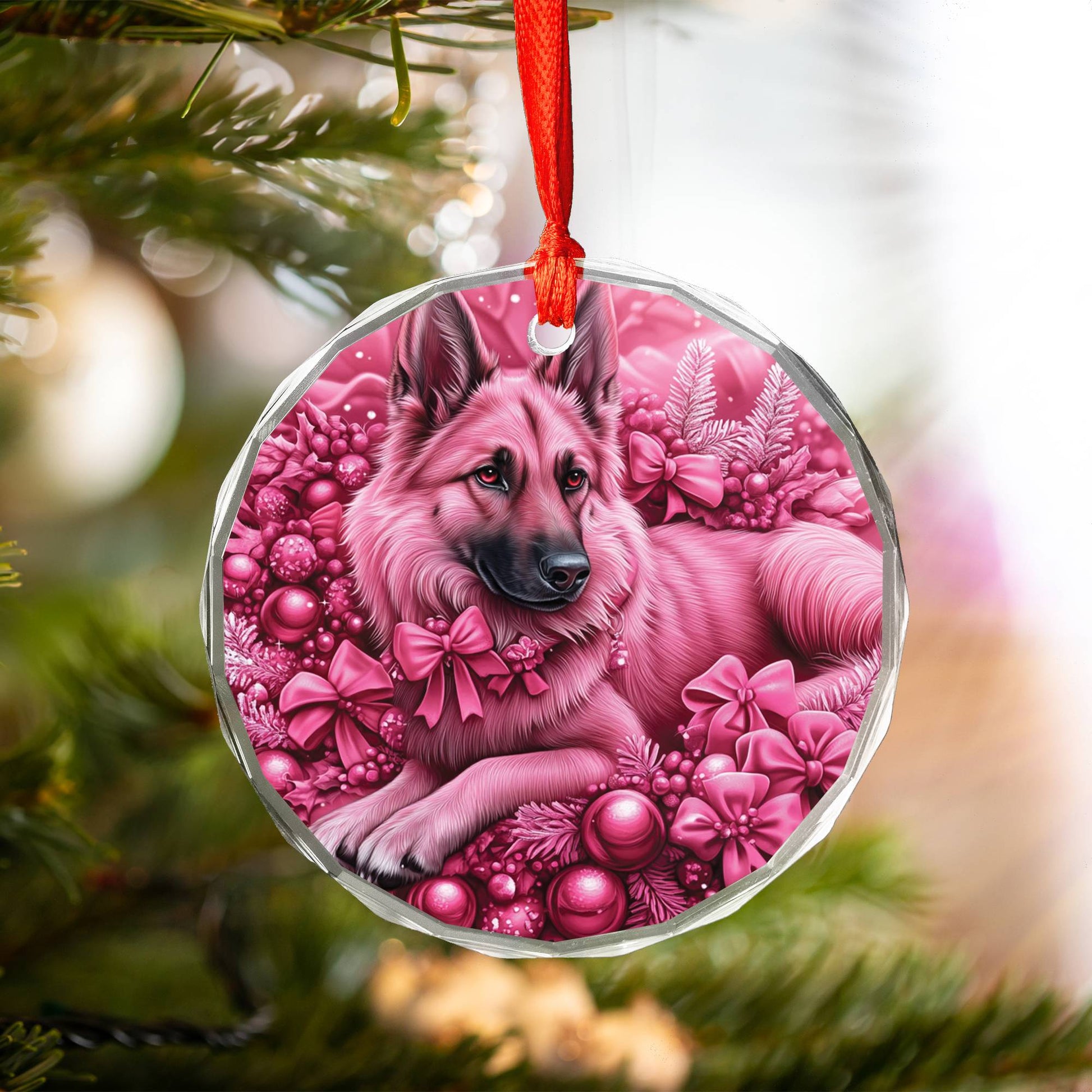 German Shepherd Dog Pink Christmas Design 1 Glass Ornament