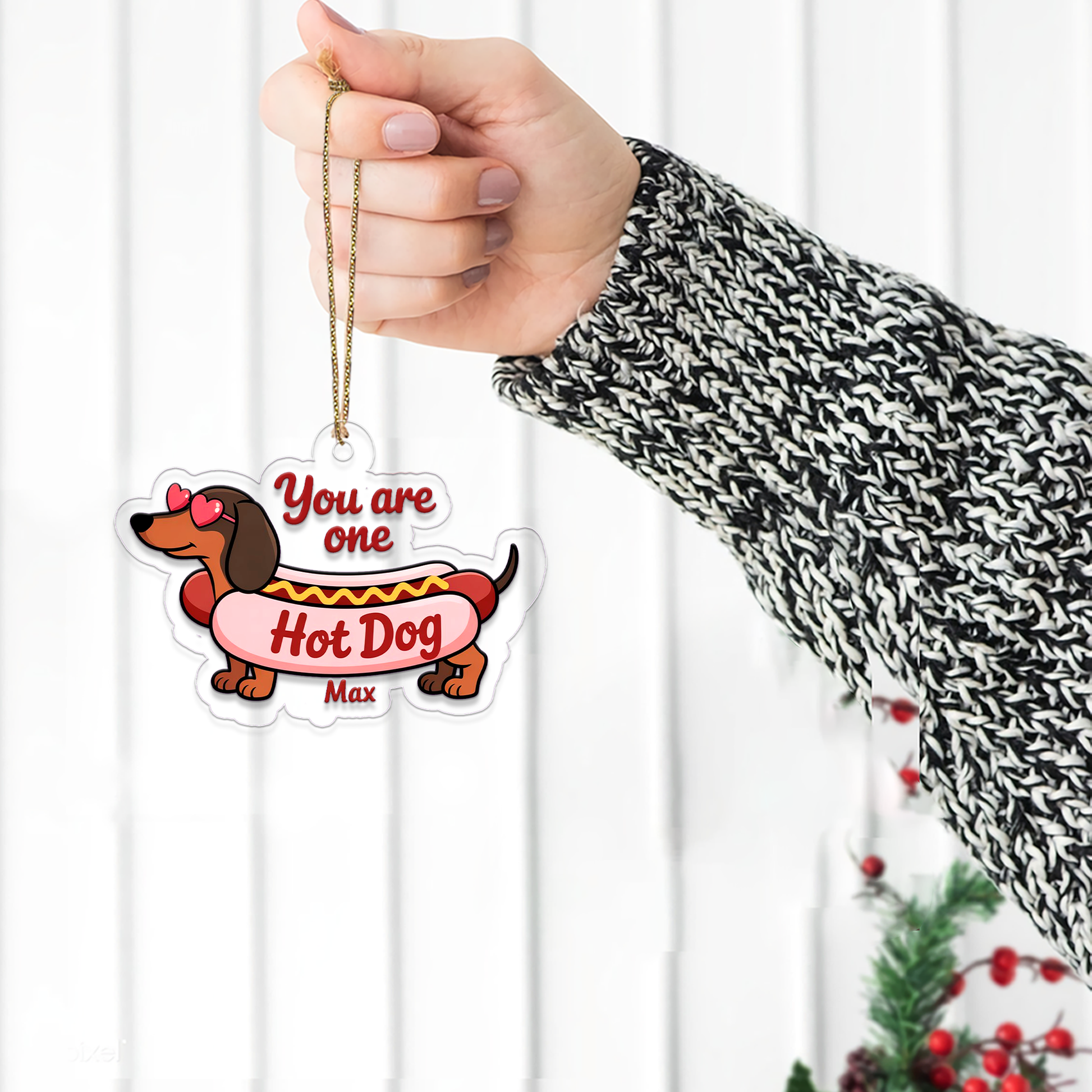 Personalized Funny Dachshund Hot Dog Ornament, Funny Hot Dog Gifts Ornament, Decoration for Dog Lovers, Ornament for Foodies