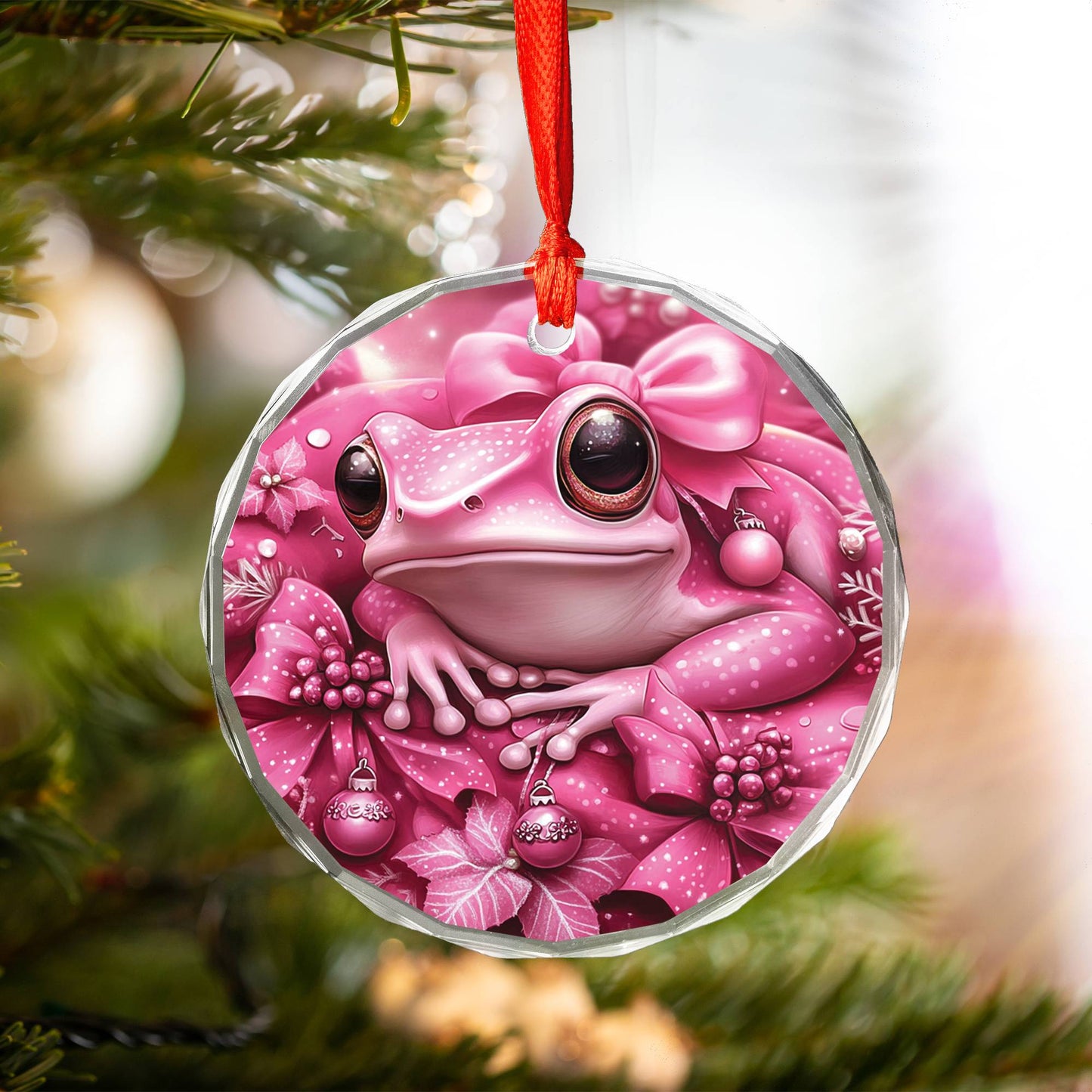 Frog Pink Christmas Design 2 Glass Ornament