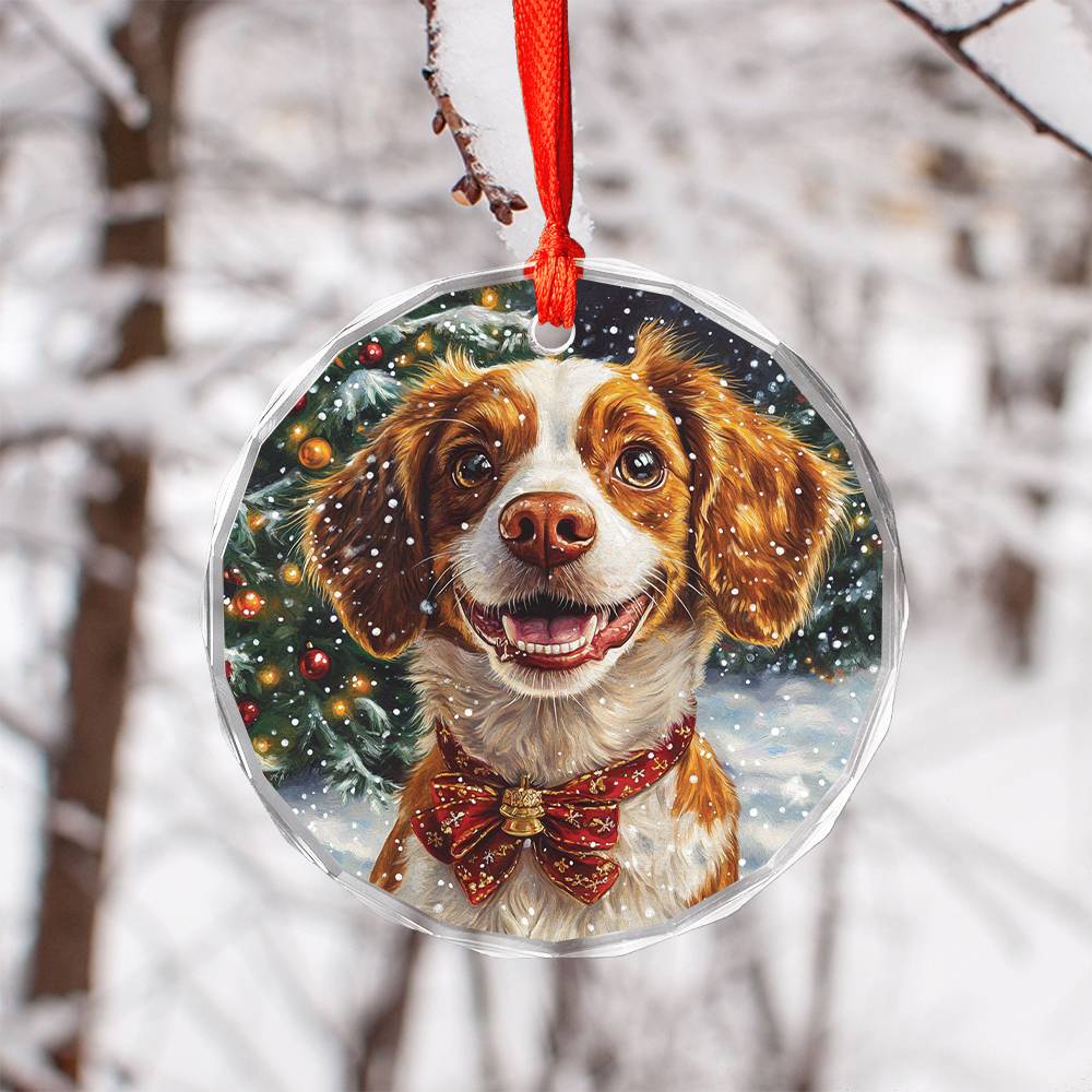 Beautiful Brittany Dog Christmas Night Design 3 Glass Ornament