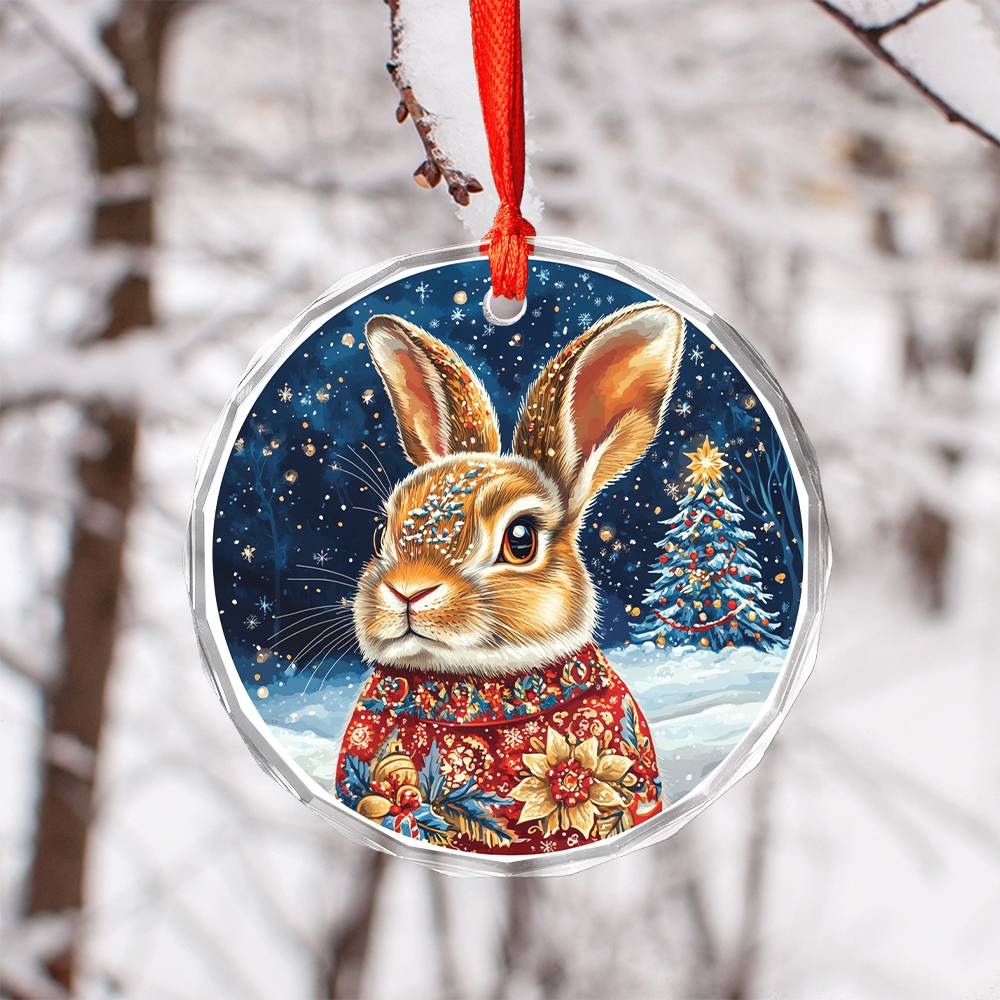 Beautiful Rabbit Christmas Night Design 4 Glass Ornament