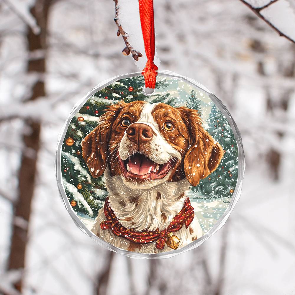 Beautiful Brittany Dog Christmas Night Design 2 Glass Ornament