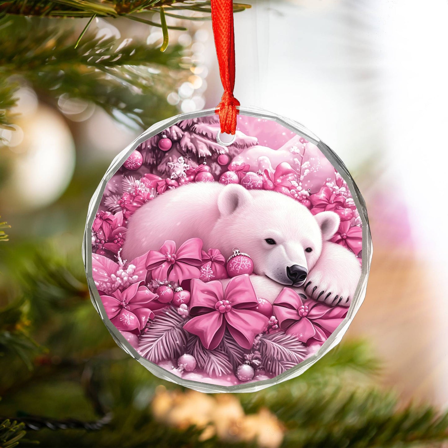 Pola Bear Pink Christmas Design 1 Glass Ornament