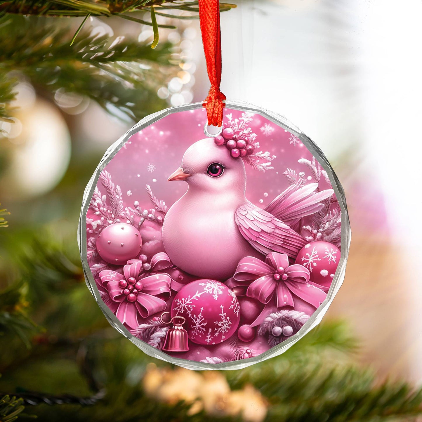 Dove Pink Christmas Design 1 Glass Ornament