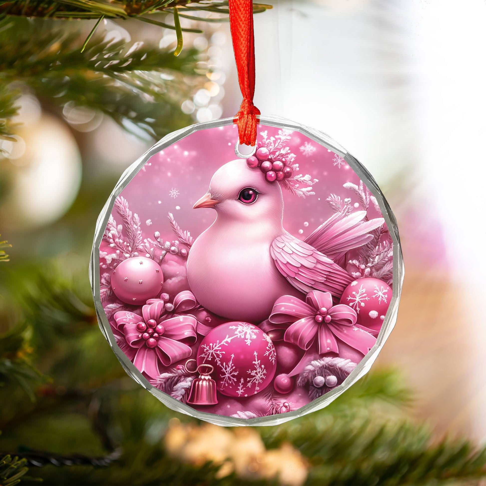 Dove Pink Christmas Design 1 Glass Ornament