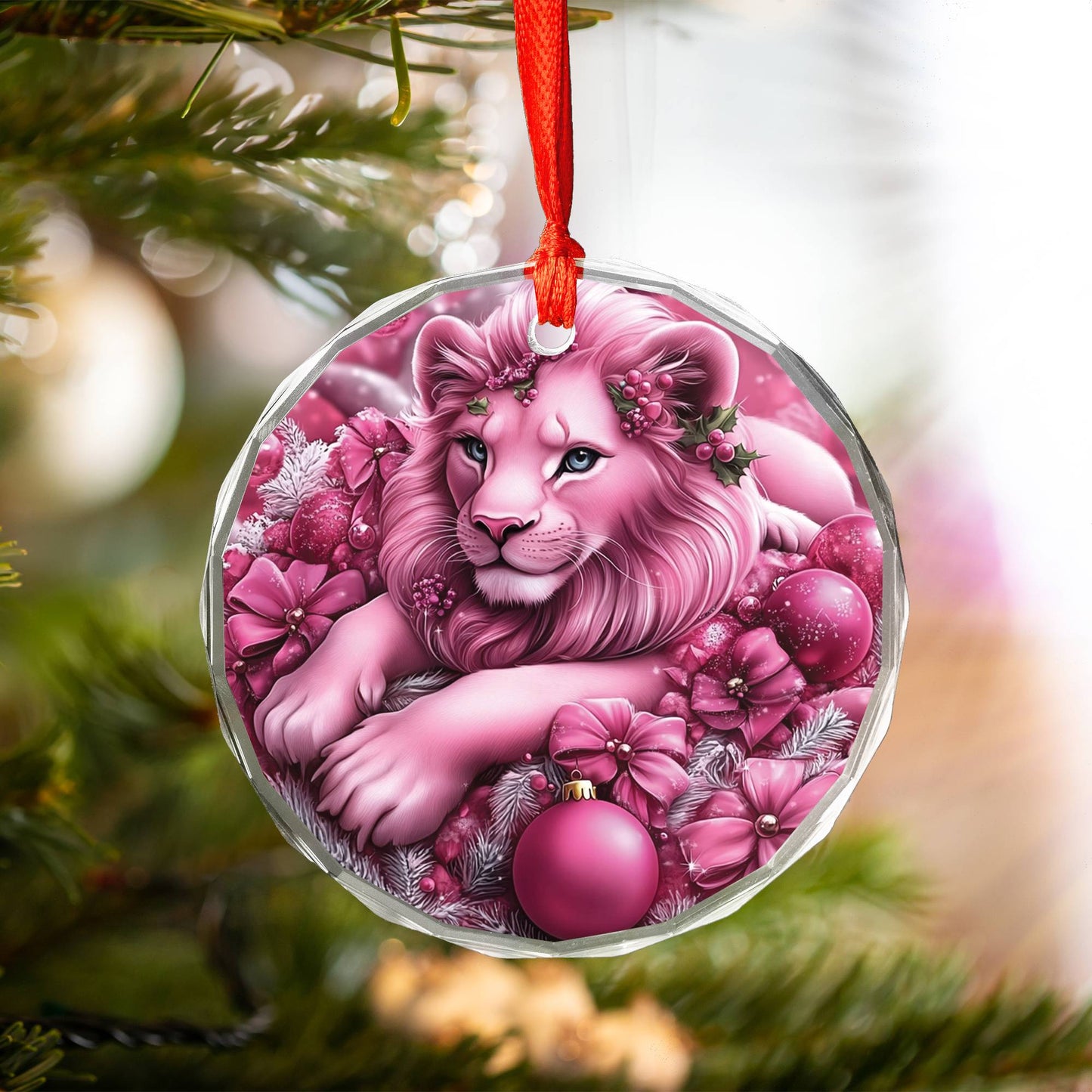 Lion Pink Christmas Design 3 Glass Ornament