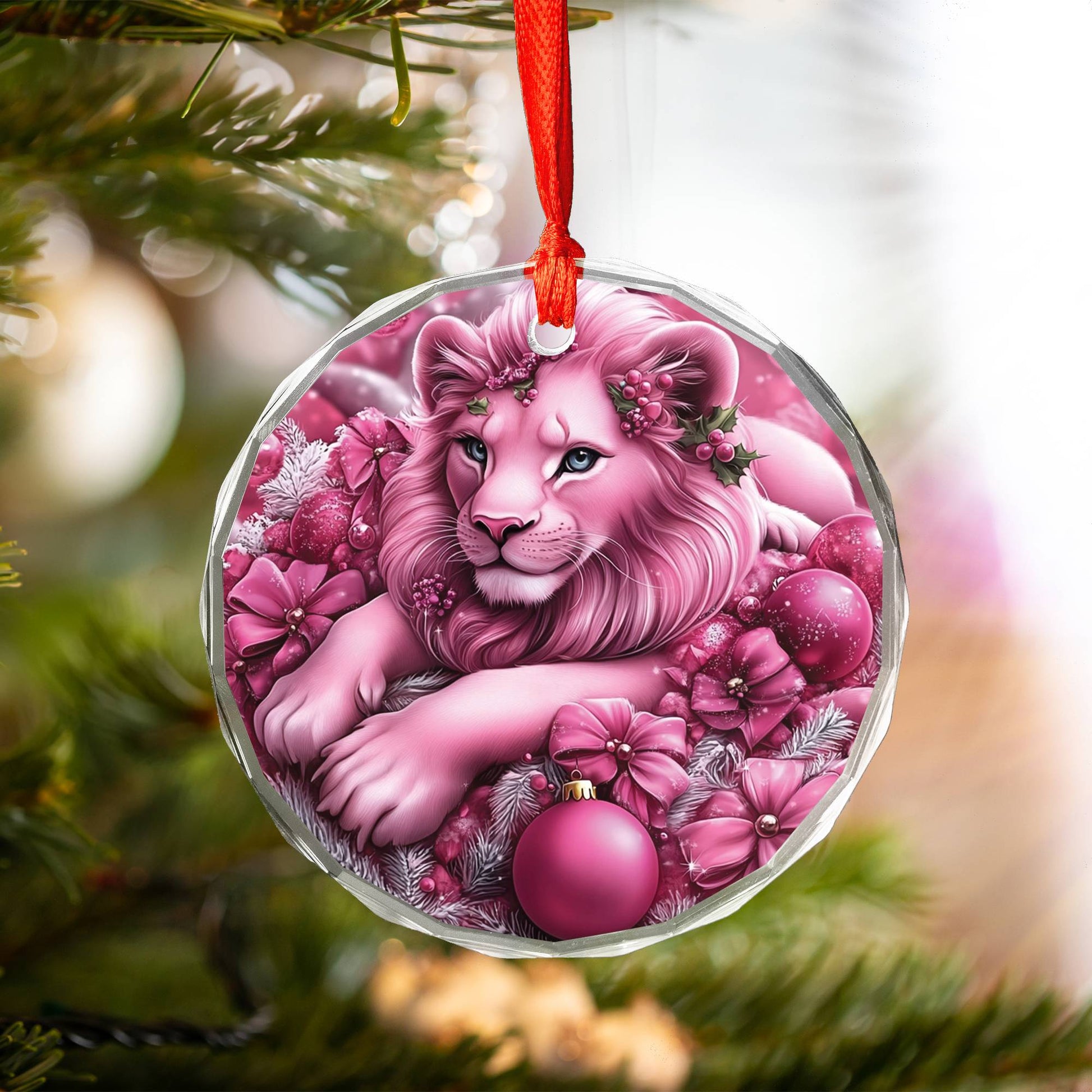 Lion Pink Christmas Design 3 Glass Ornament