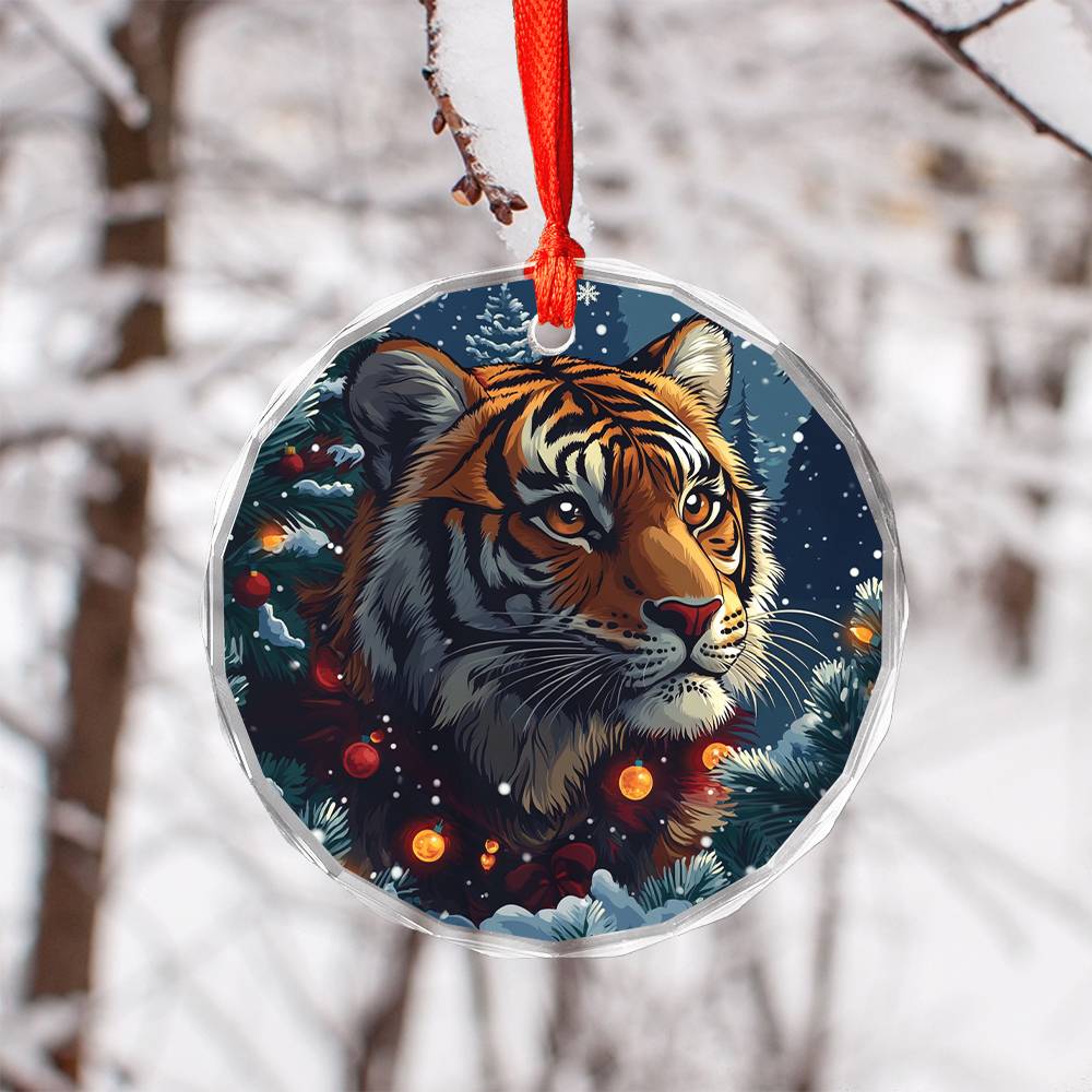 Beautiful Tiger Christmas Night Design 2 Glass Ornament