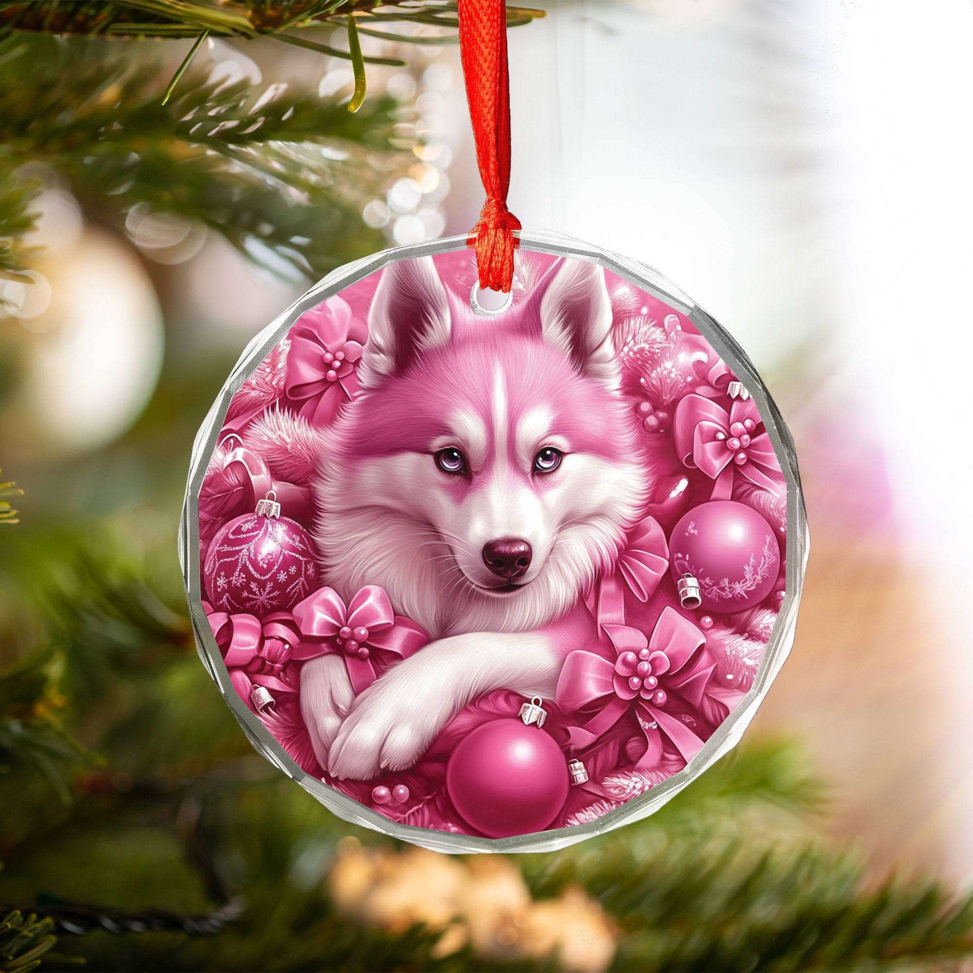 Siberian Huskie Dog Pink Christmas Design 2 Glass Ornament